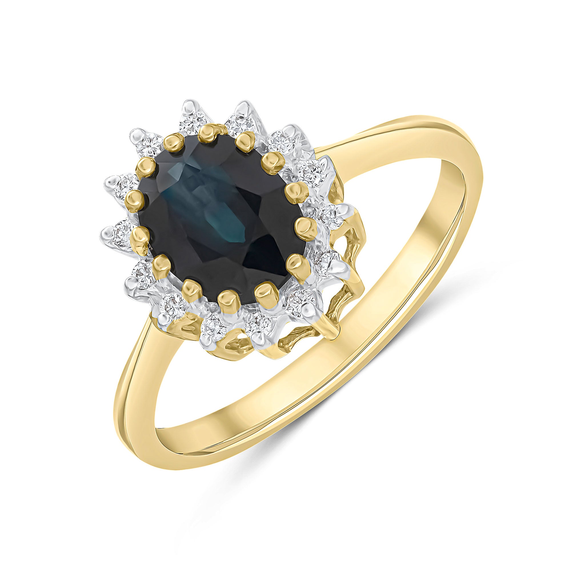 9ct Yellow Gold 8x6 Oval Sapphire & Diamond Claw Set Custer Ring Rhodium to Diamonds