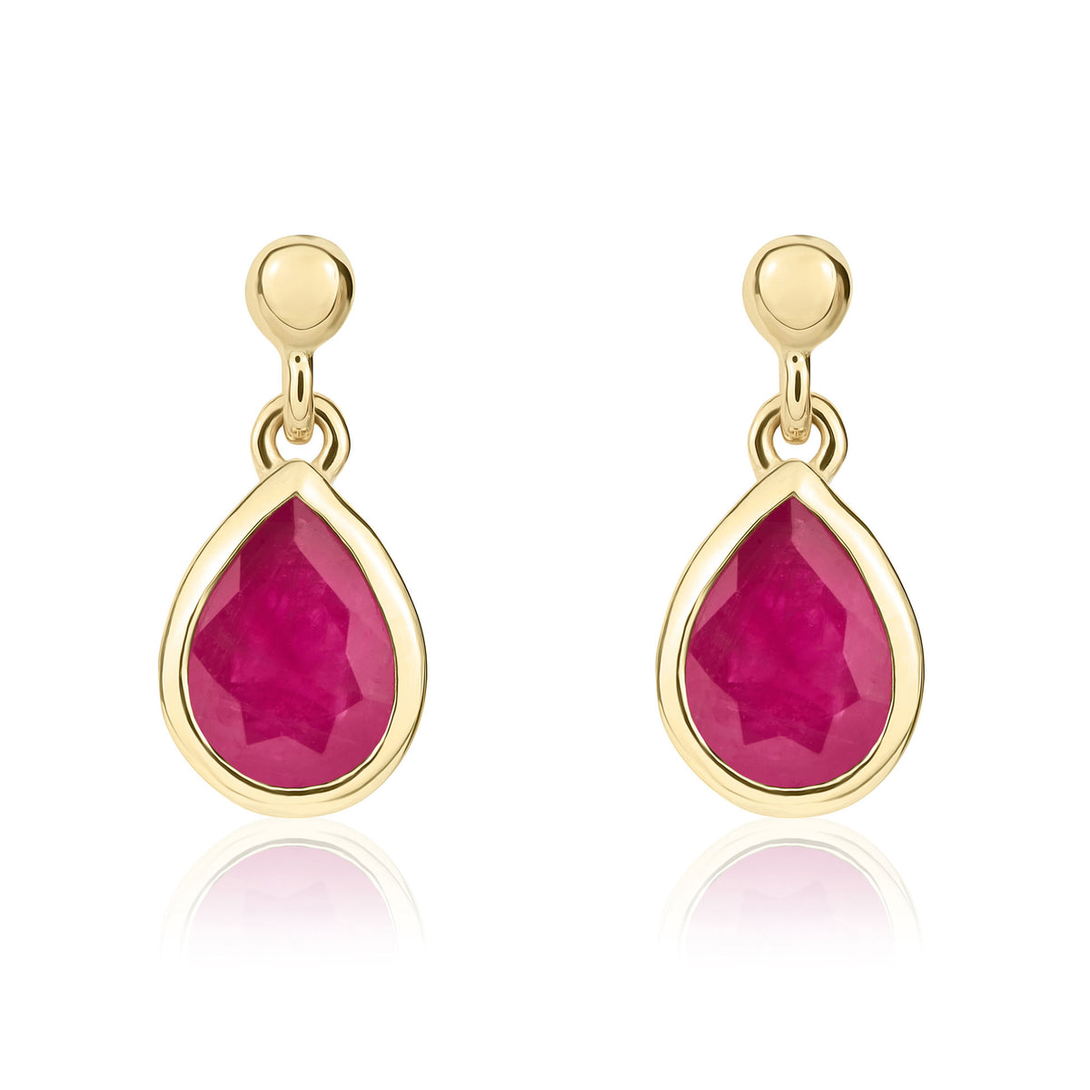 9ct Yellow Gold 7x5 Pear Shape Ruby Rubover Drop Earrings with Bead Top
