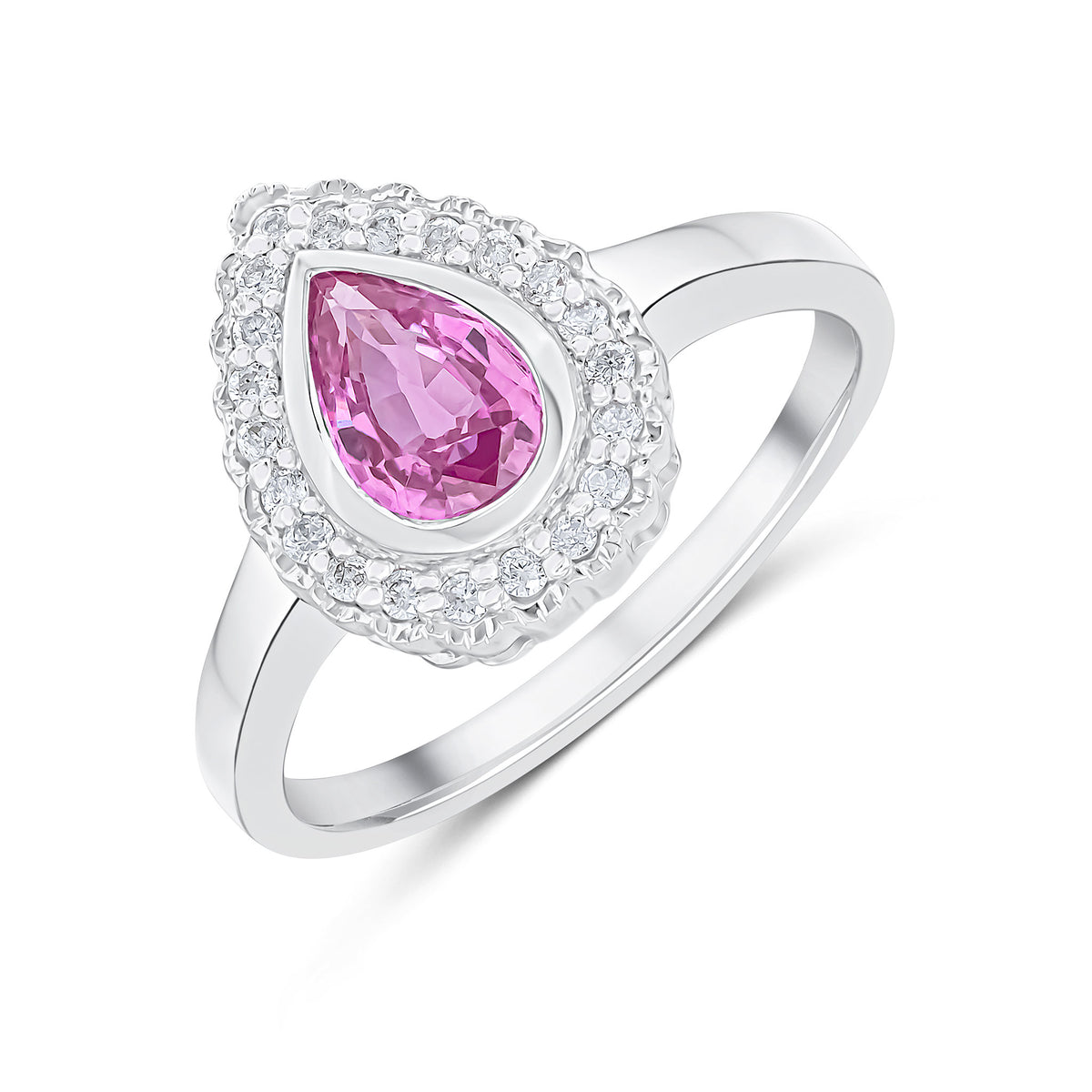 9ct White Gold Pear Shape Rubover Pink Sapphire and Milgrain Round Diamond Cluster Ring