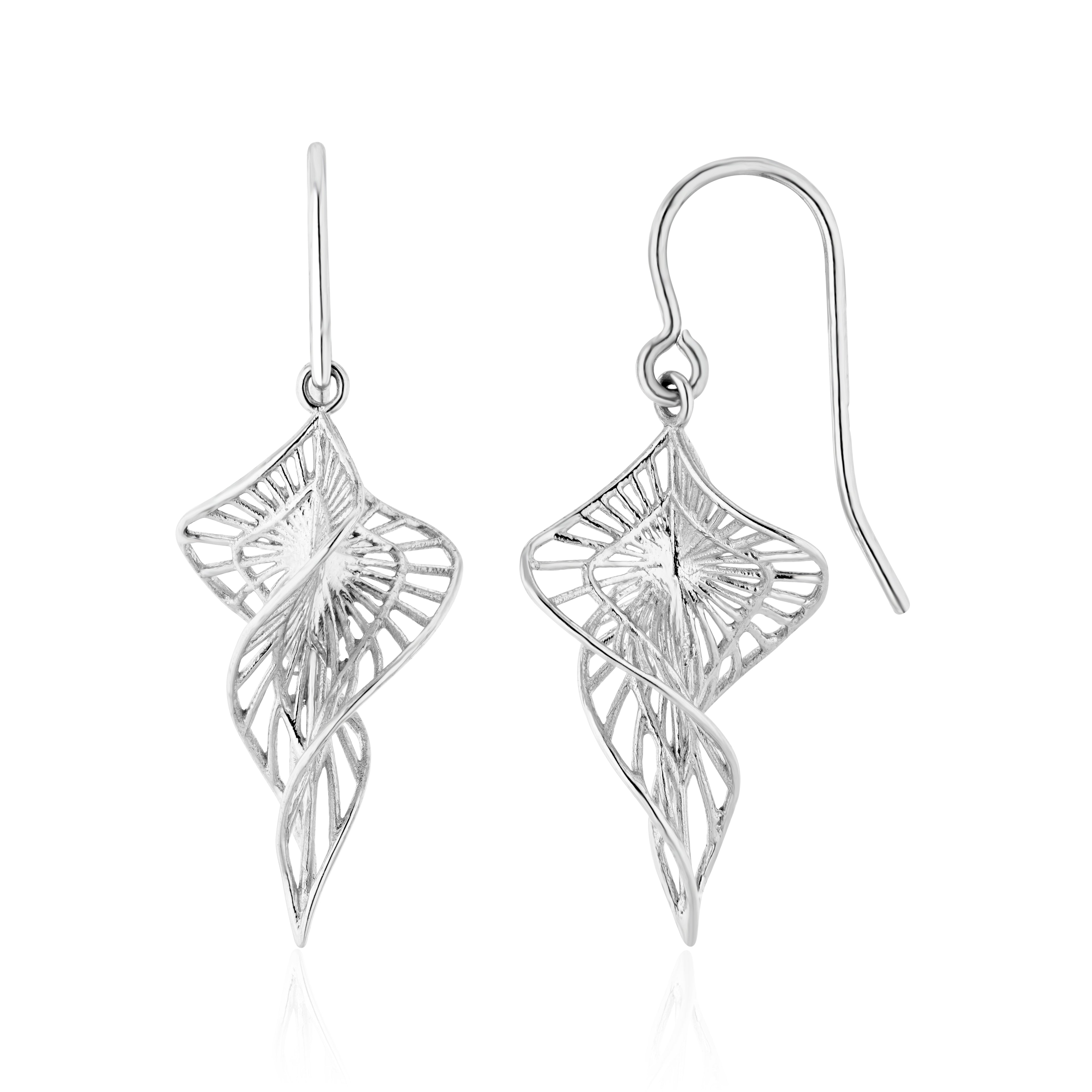 9ct White Gold Filigree Spiral Drop Earrings With Hook Wire Fitting