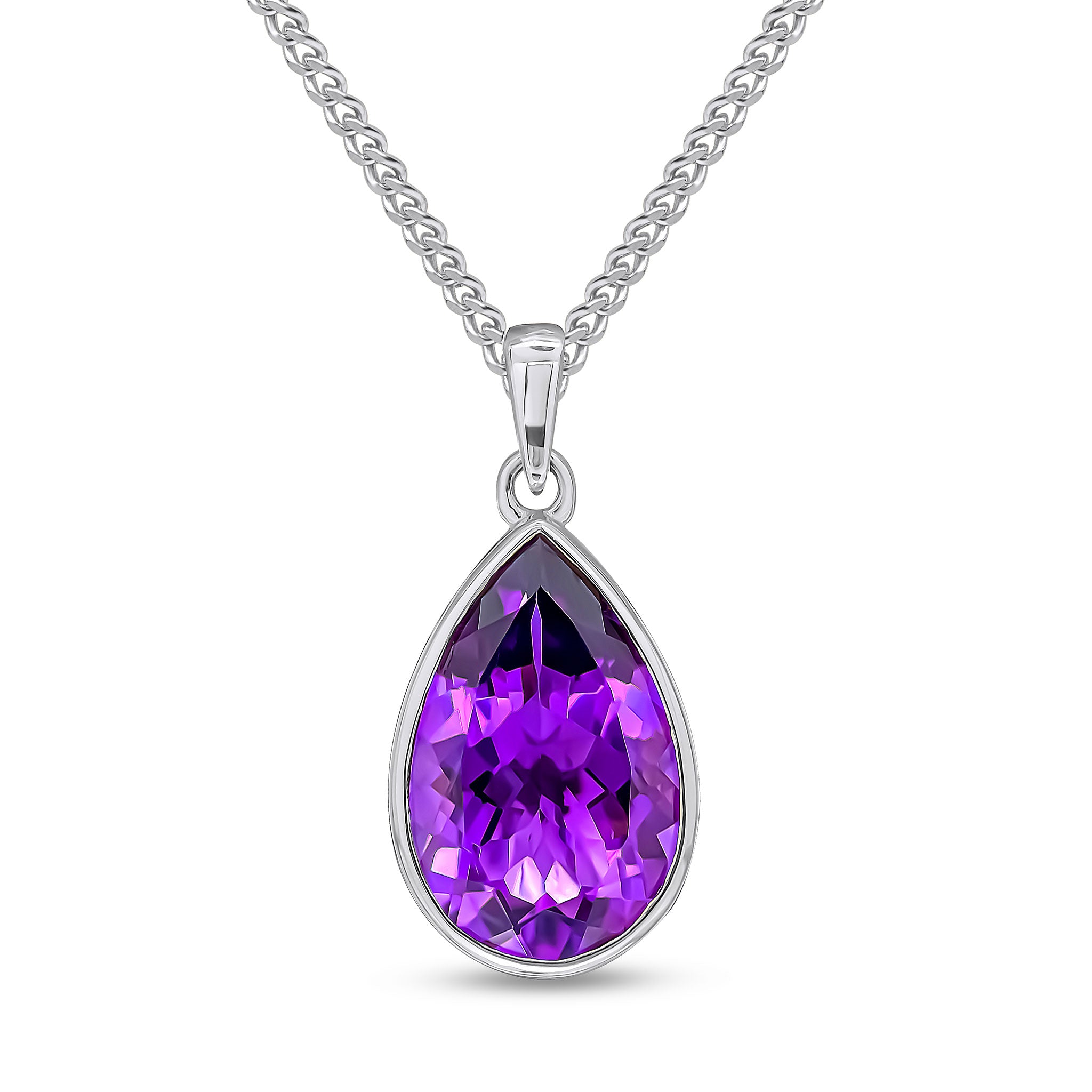 9ct White Gold 14x9mm Pear Shape Amethyst Rubover Pendant