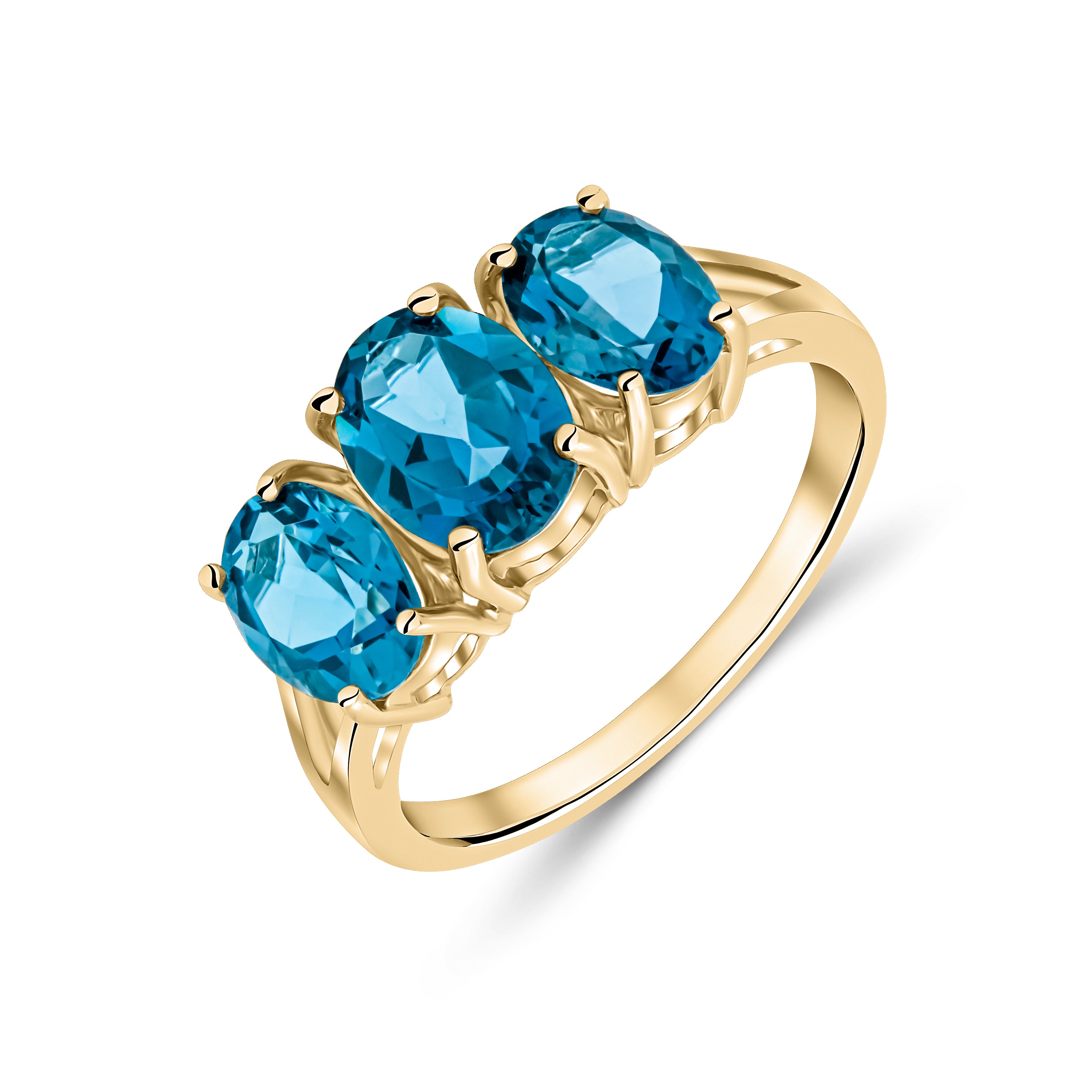 9ct Yellow Gold Oval London Blue Topaz Claw Set 3 Stone Ring with Split Shoulders