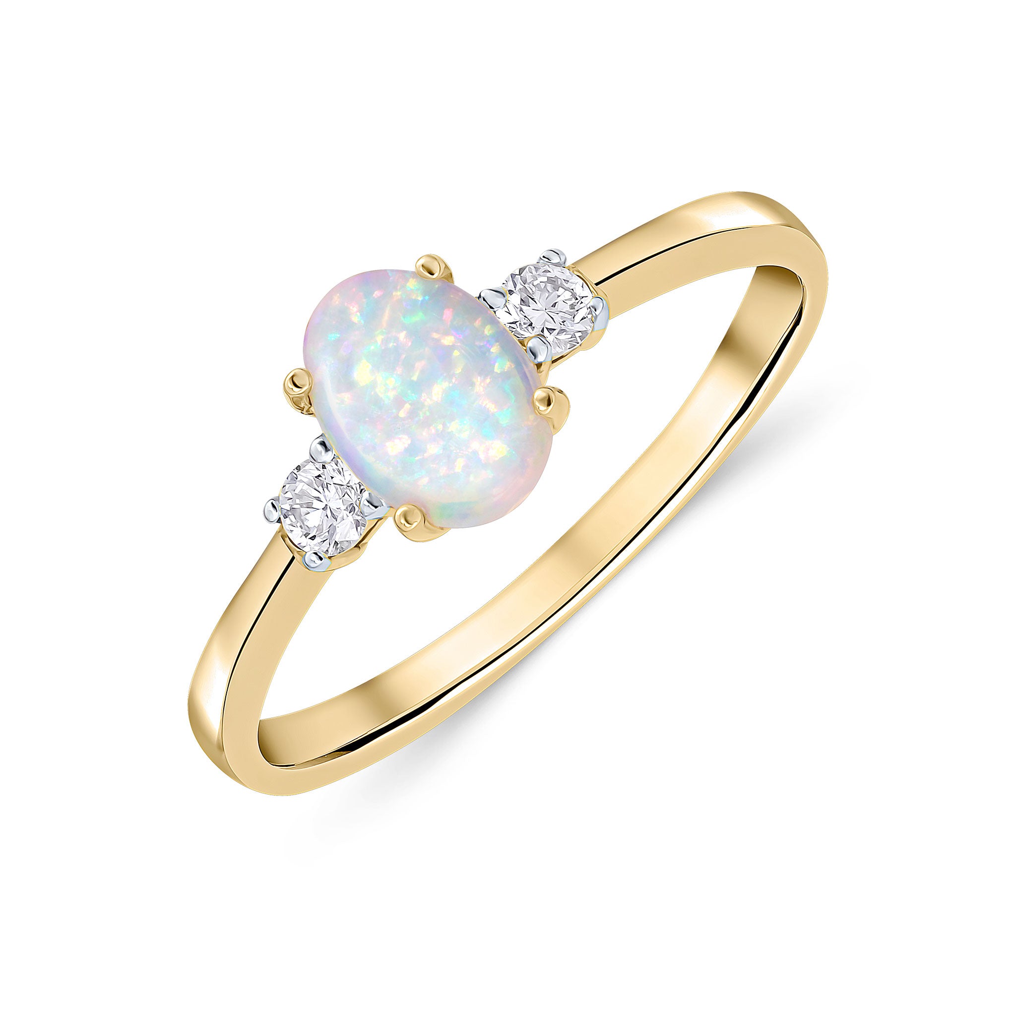 18ct Yellow Gold 7x5 Oval Opal and Round Diamond Claw Set 3 Stone Ring Rhodium to Diamonds