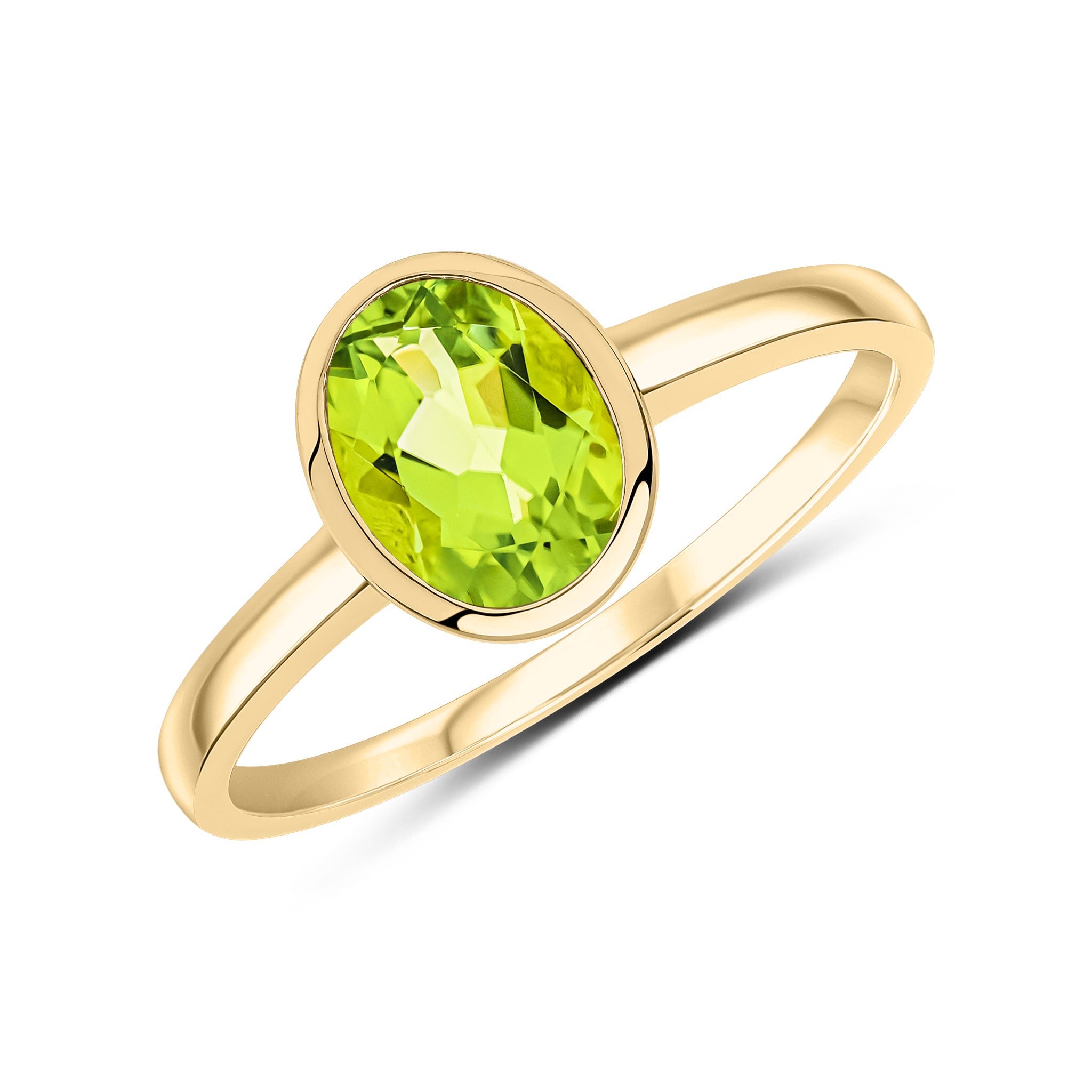 9ct Yellow Gold 8x6mm Oval Peridot Single Stone Rubover Ring