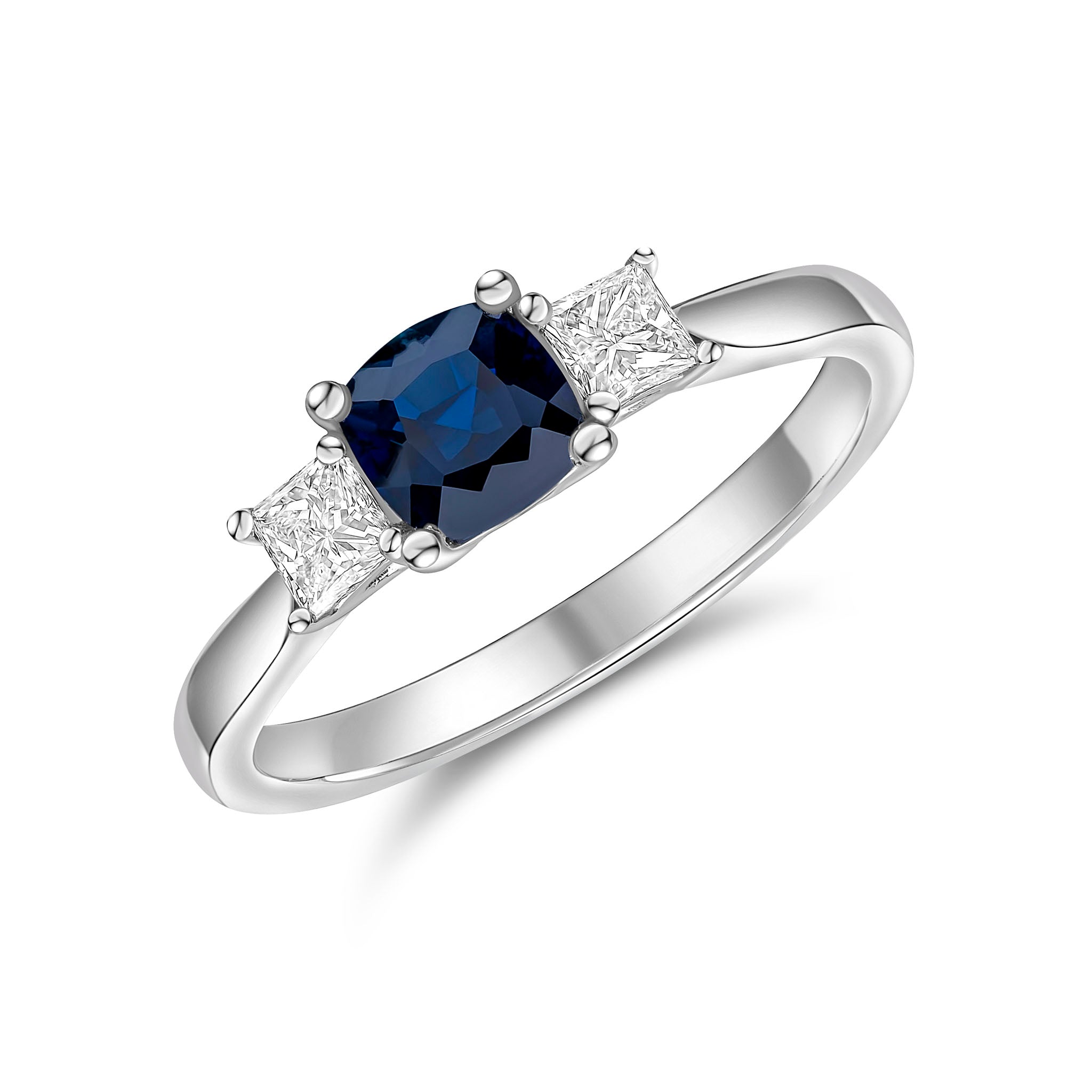 18ct White Gold 5mm Cushion Sapphire and Princess Cut Diamond Claw Set 3 Stone Ring