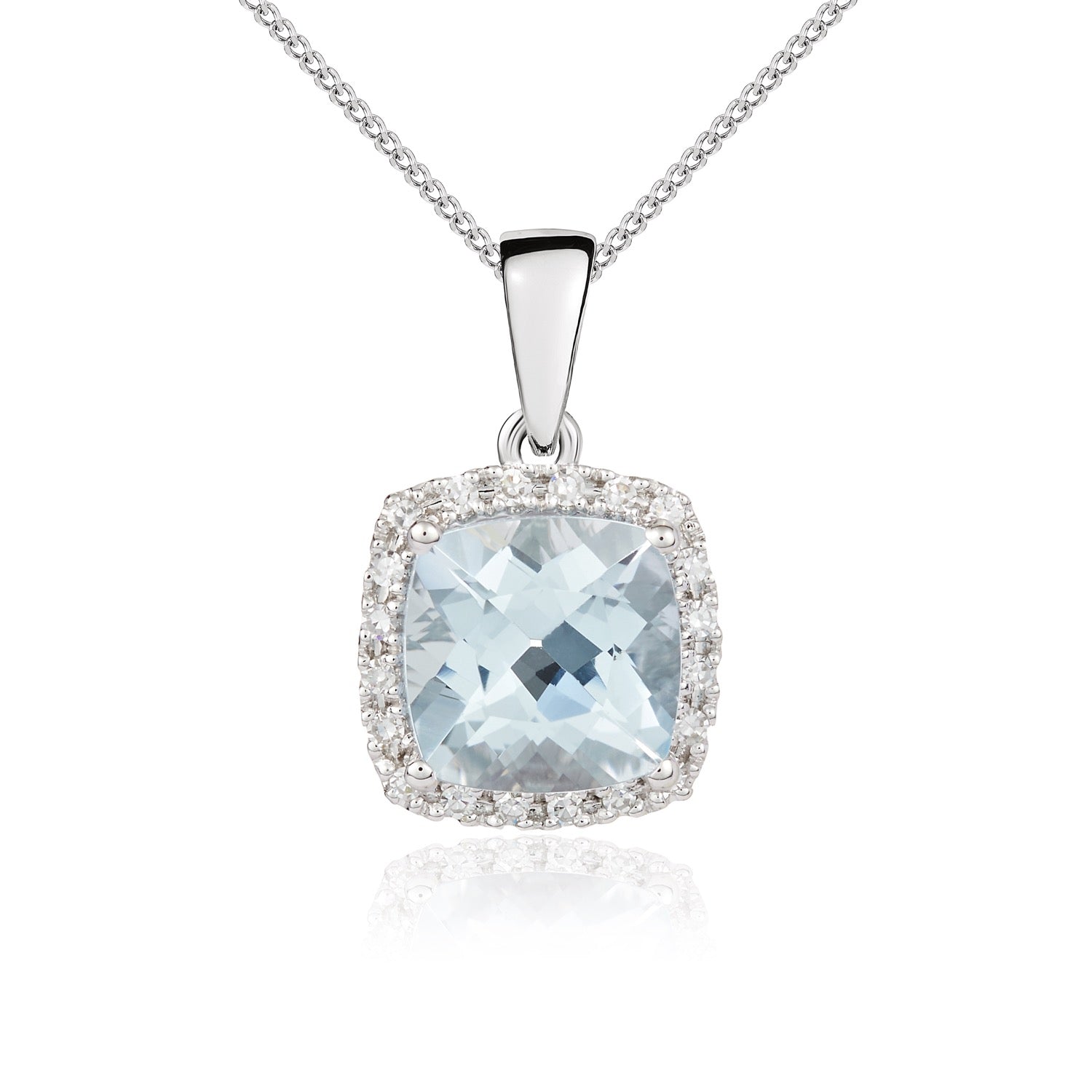 9ct White Gold Cushion Aquamarine & Diamond Cluster Pendant