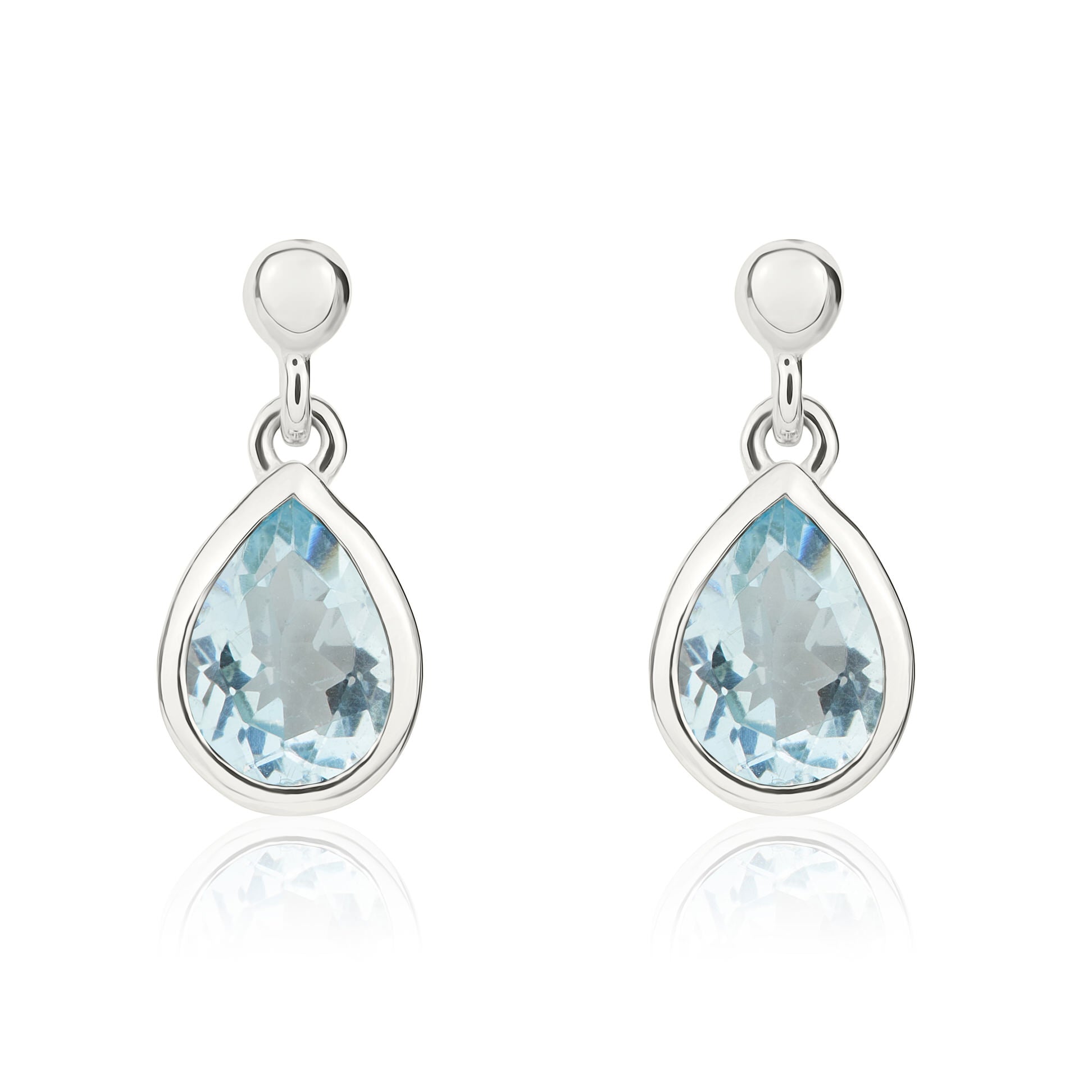 9ct White Gold 7x5 Pear Shape Aquamarine Rubover Drop Earrings with Bead Top