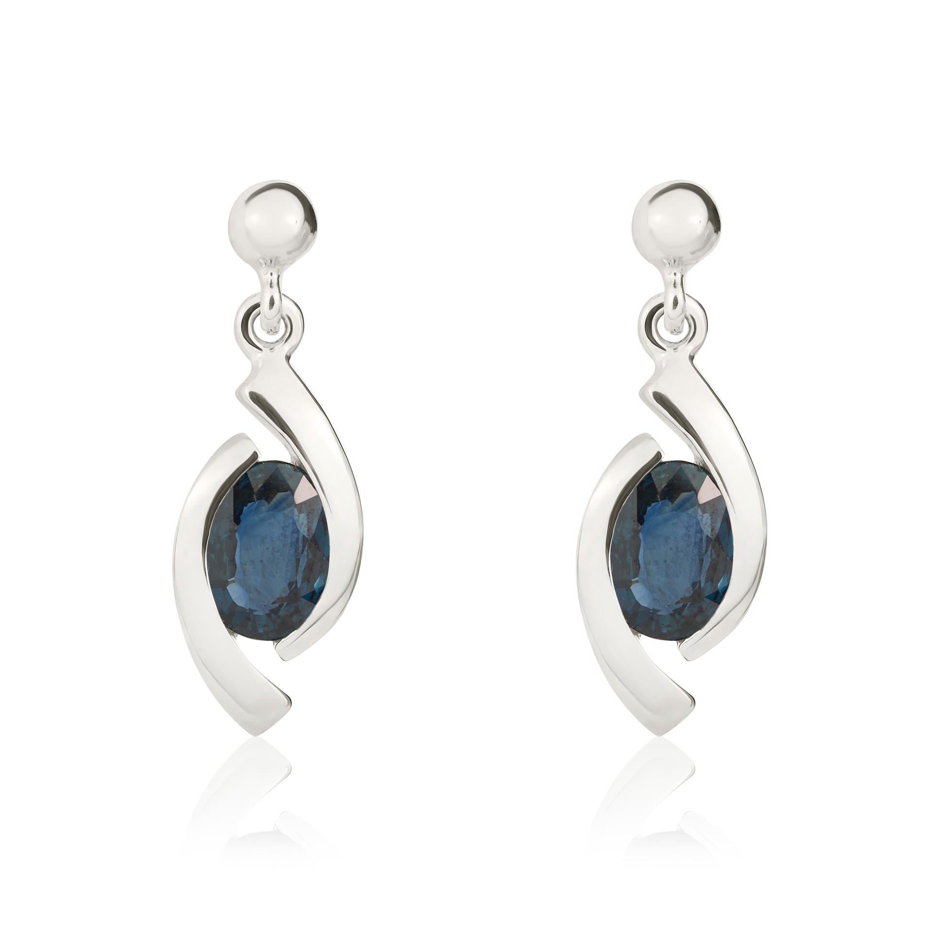 9ct White Gold 6x4 Oval Sapphire 'eye' Drop Earrings with 3mm Bead Top