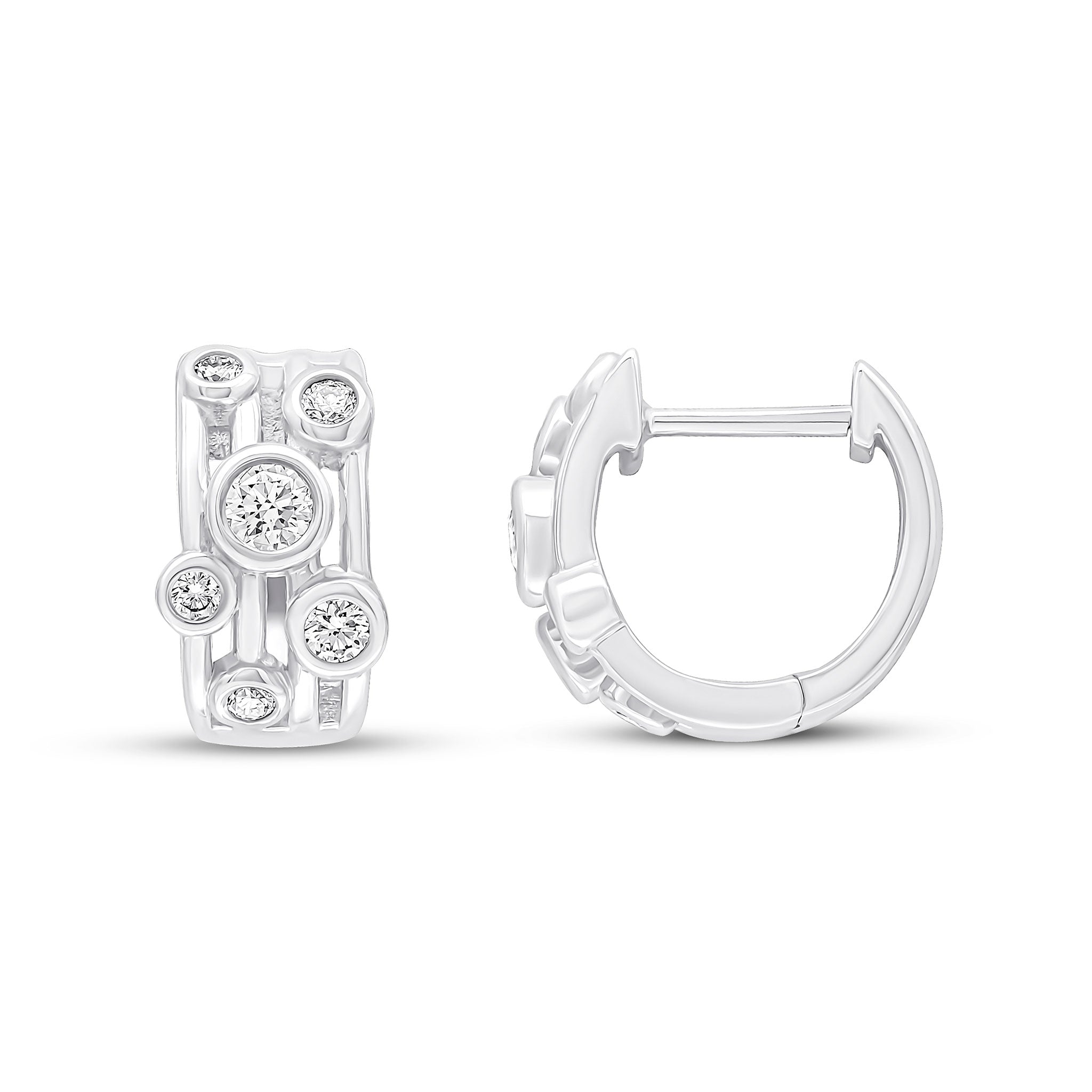 18ct White Gold Round Diamond Rubover 'bubble' 4 Row Hinged Huggy Earrings