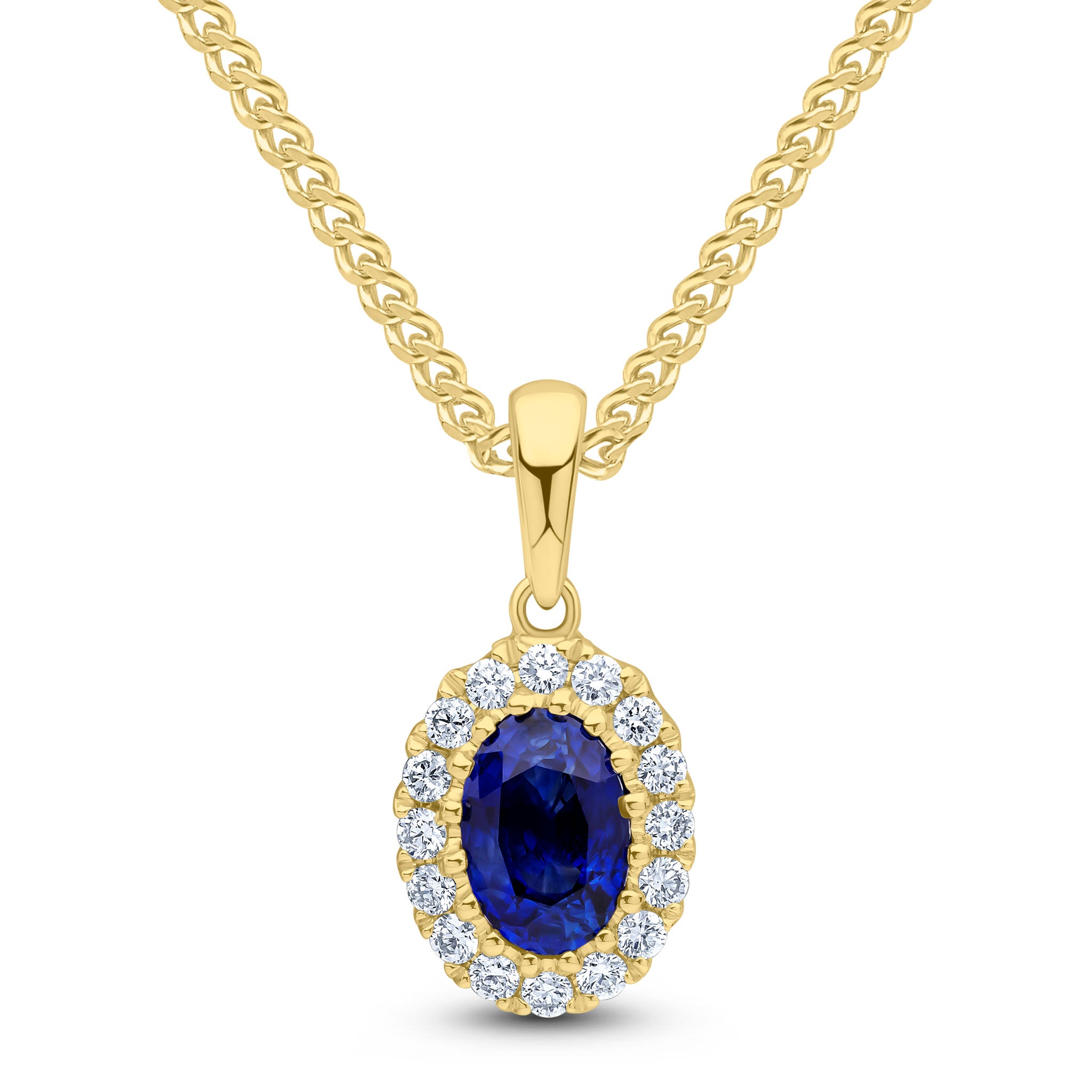 18ct Yellow Gold 6x4 Oval Sapphire and Round Diamond Claw Cluster Pendant with Plain Loop Top