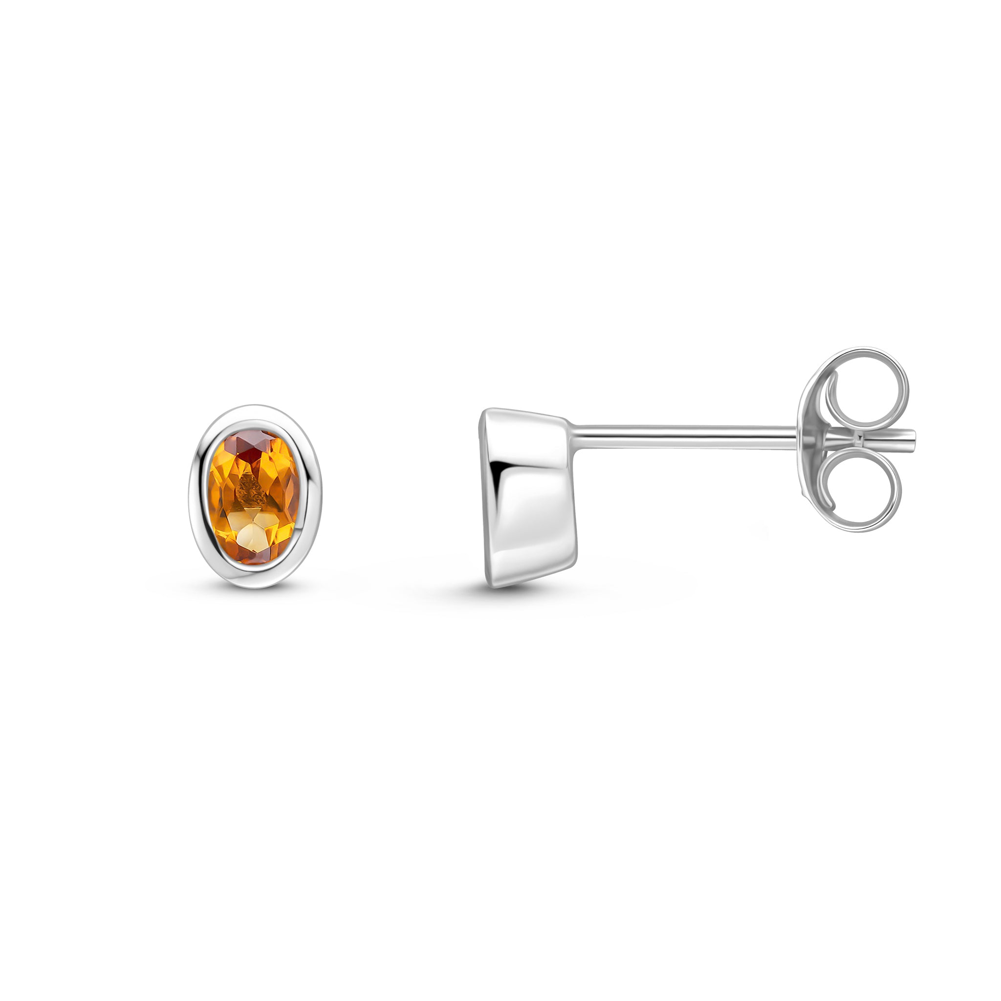 9ct White Gold 4x3 Oval Citrine Rubover Set Earrings