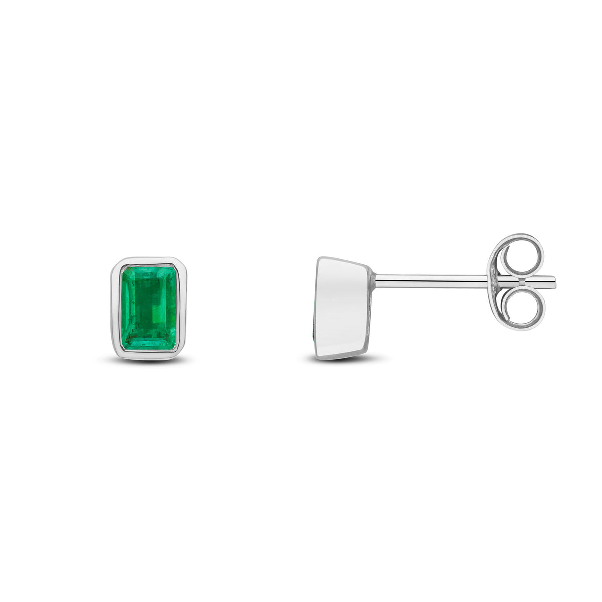 9ct White Gold 5x3 Octagon Emerald Rubover Set Earrings