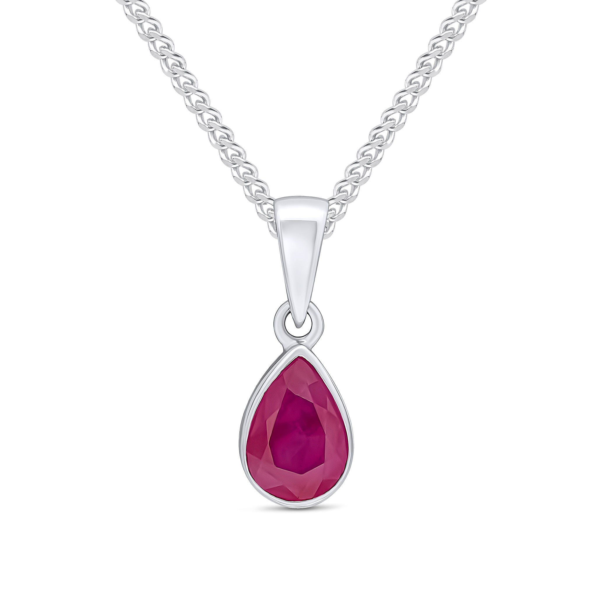 9ct White Gold 7x5 Pear Shape Ruby Rubover Pendant