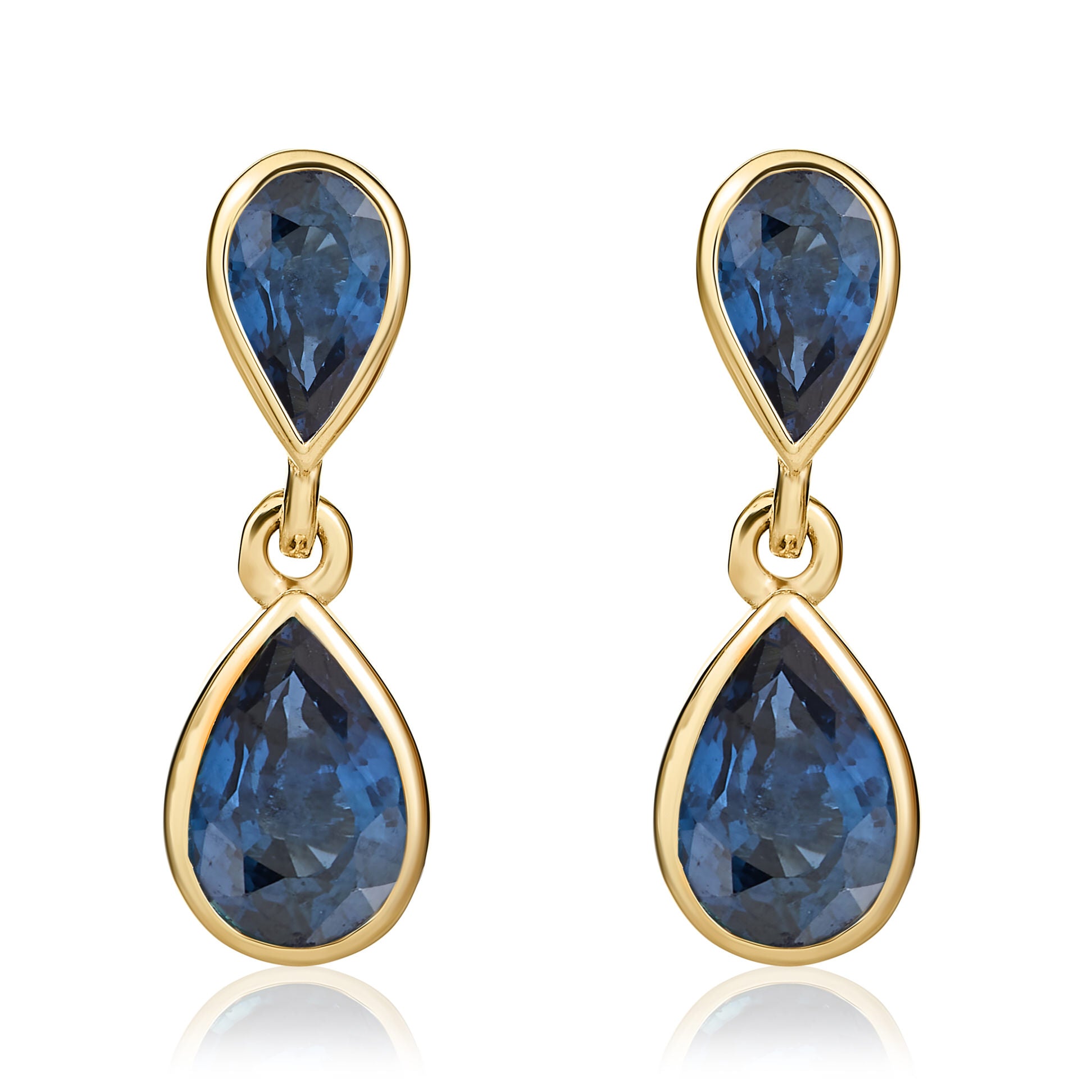 9ct Yellow Gold Pear Blue Sapphire Double Drop Earrings