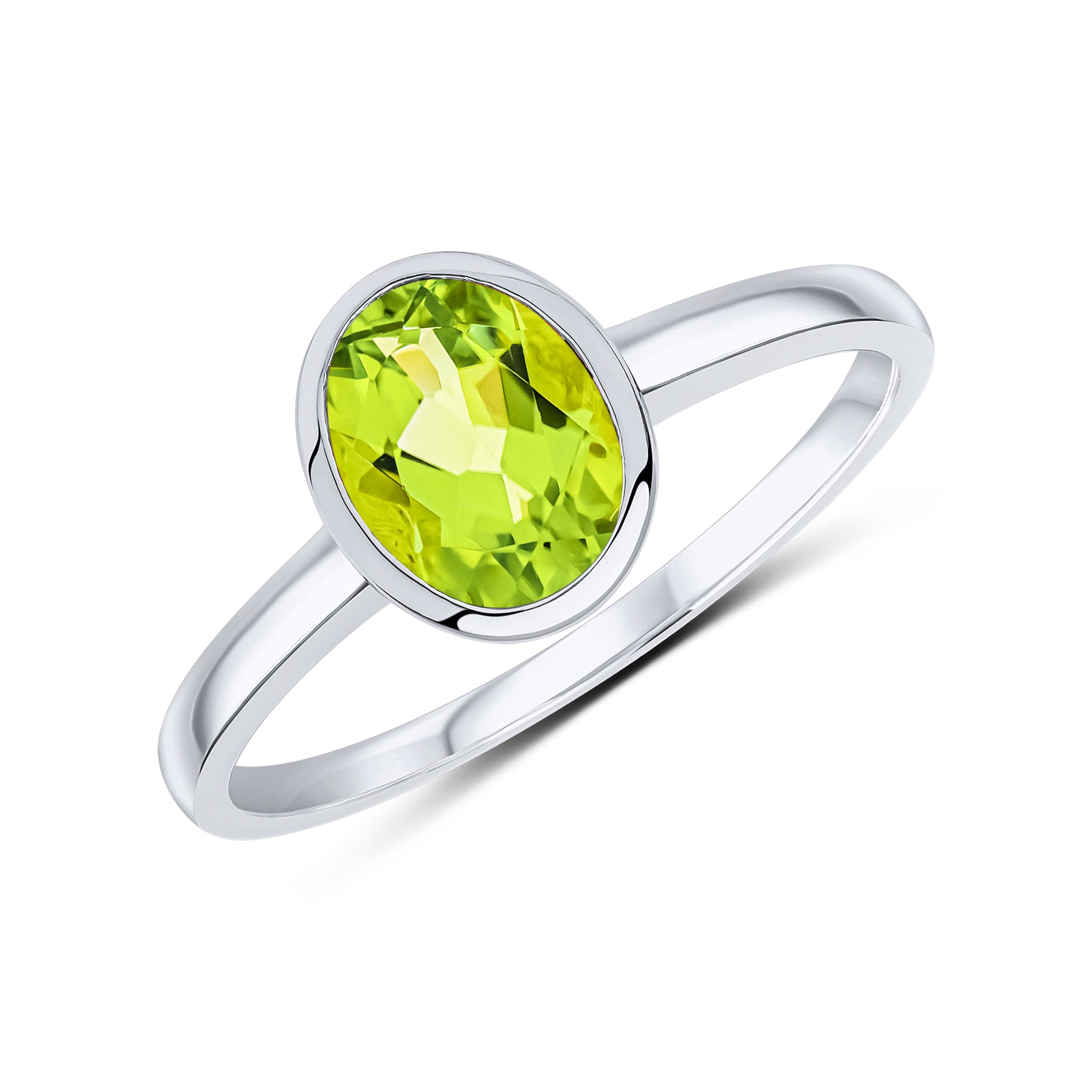 9ct White Gold 8x6 Oval Peridot Single Stone Rubover Ring