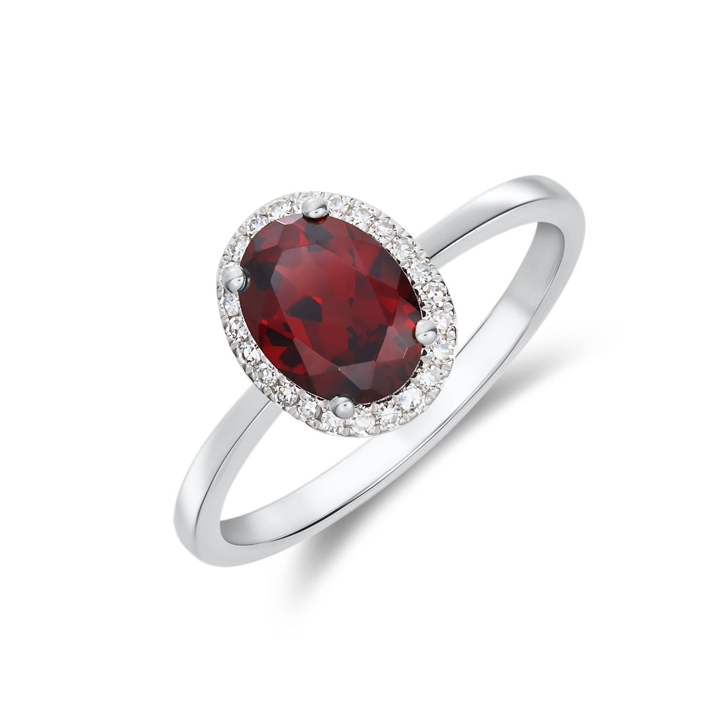 9ct White Gold 8x6 Oval Garnet & Diamond Claw Set Cluster Ring