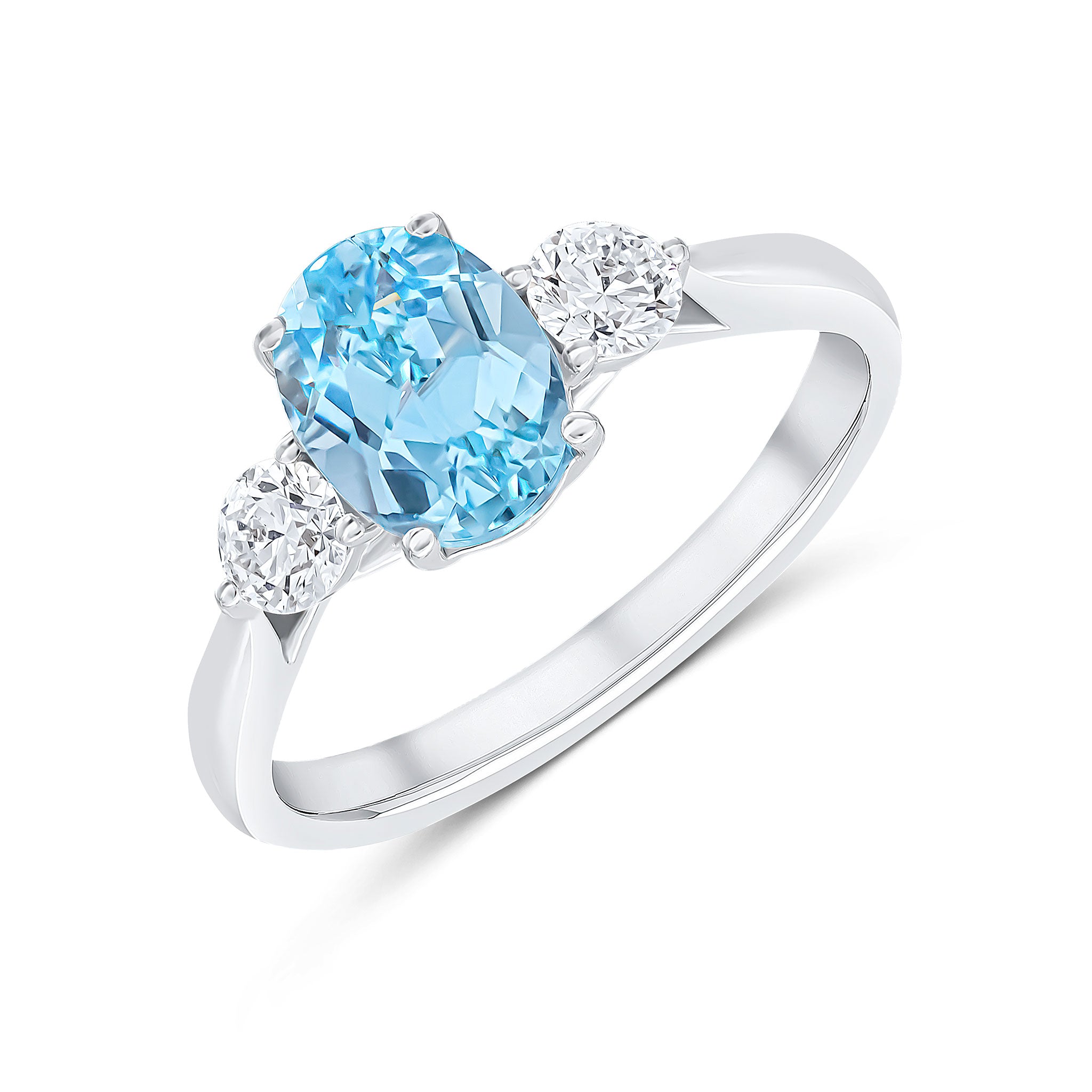 18ct White Gold 8x6 Oval Aquamarine and Round Diamond 3 Stone Claw Set Ring