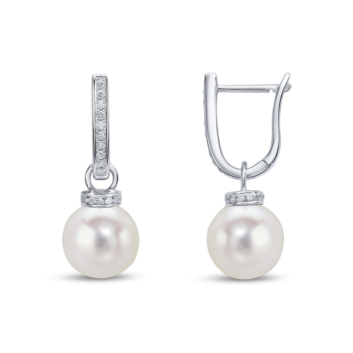 18ct White Gold Cfw Pearl and Diamond Hoop and Cap Top Drop Earrings