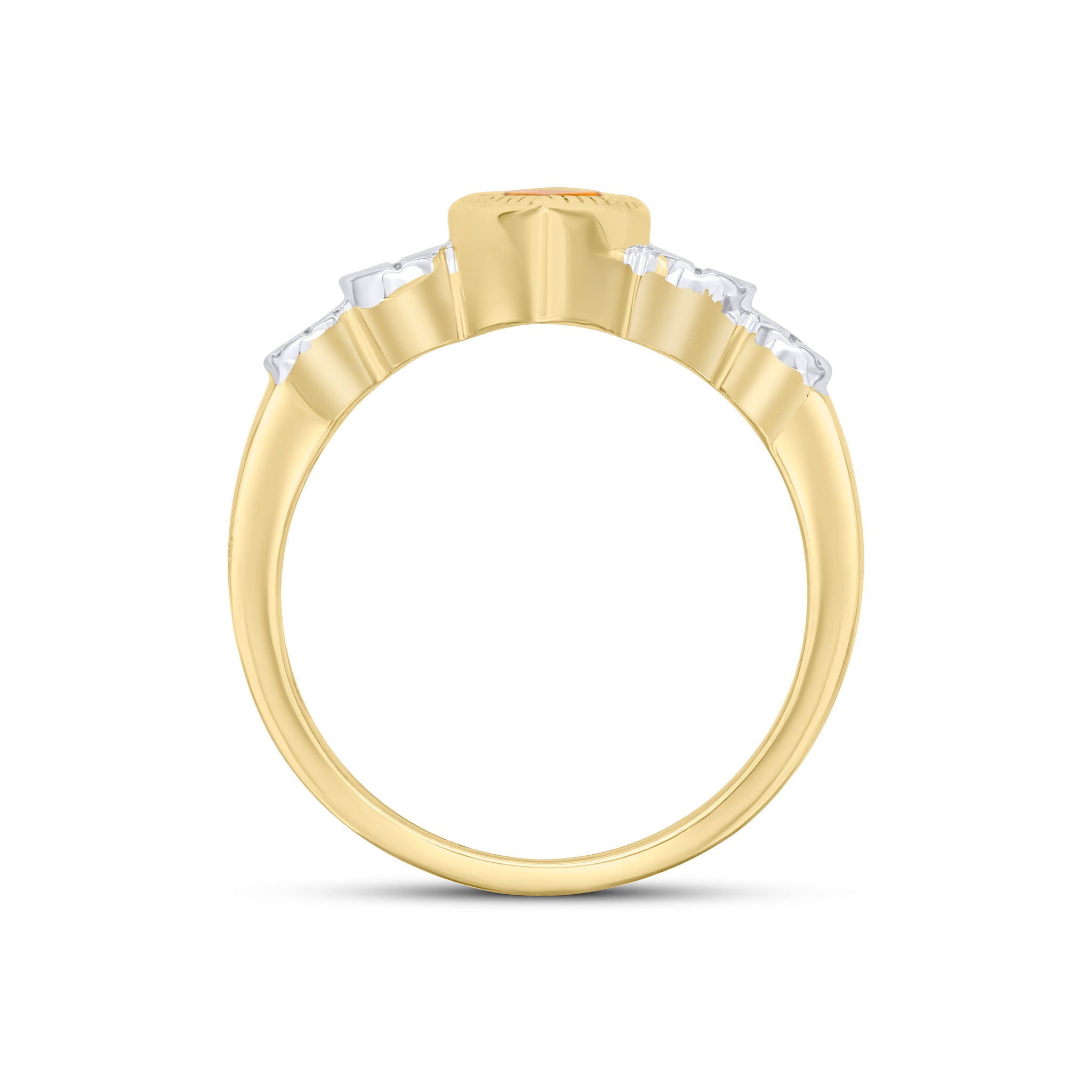 9CT YELLOW GOLD MILLEGRAIN PEARSHAPE CITRINE AND ILLUSION DIAMOND 4ST SHOULDERS RING. RHODIUM TO DIAMONDS 1