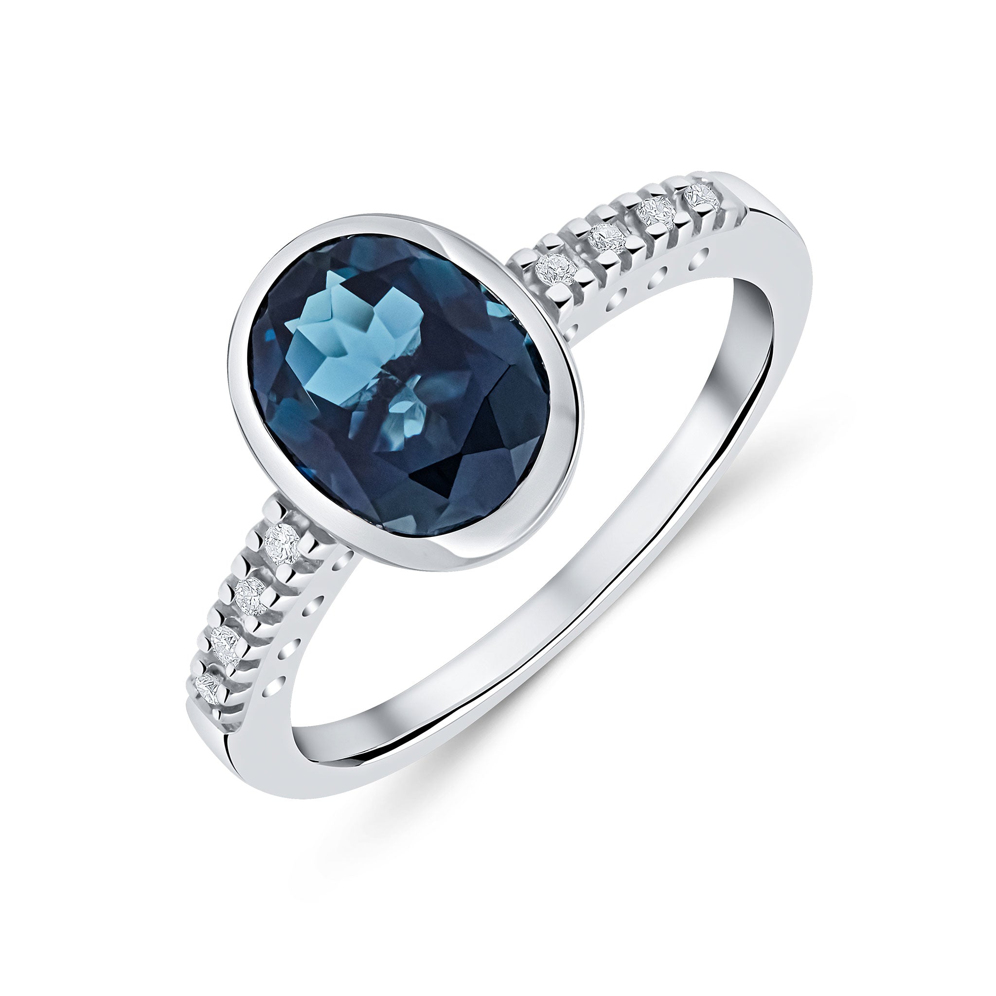 9ct White Gold Rubover 9x7 Oval London Blue Topaz Single Stone Ring with Claw Set Diamond Shoulders