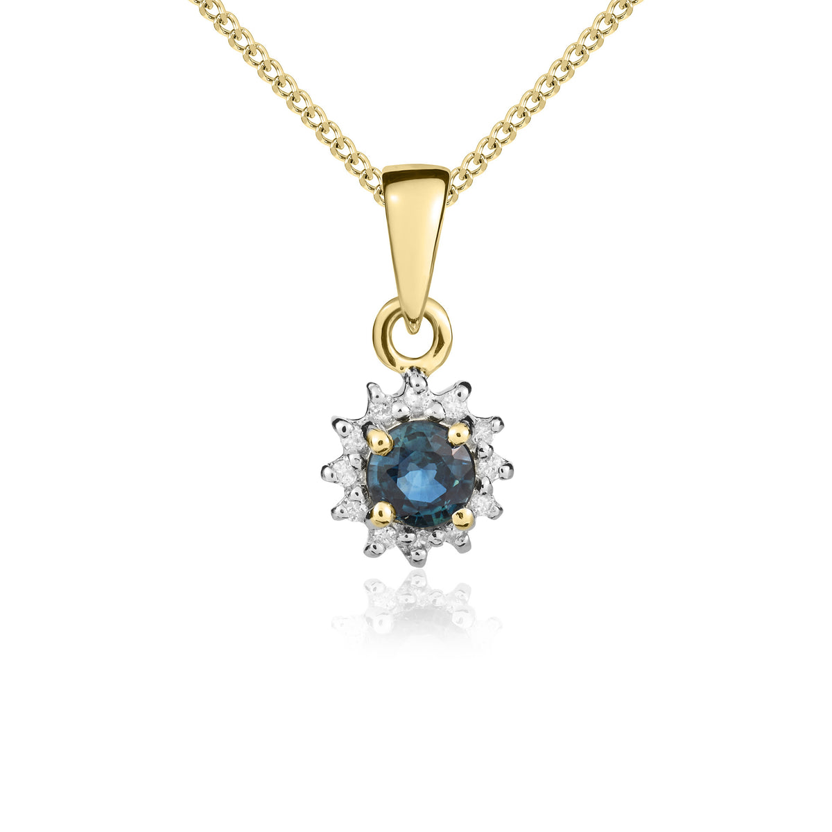 9ct Yellow Gold 4mm Round Sapphire and Diamond Claw Set Cluster Pendant with Plain Loop Top Rhodium to Diamonds