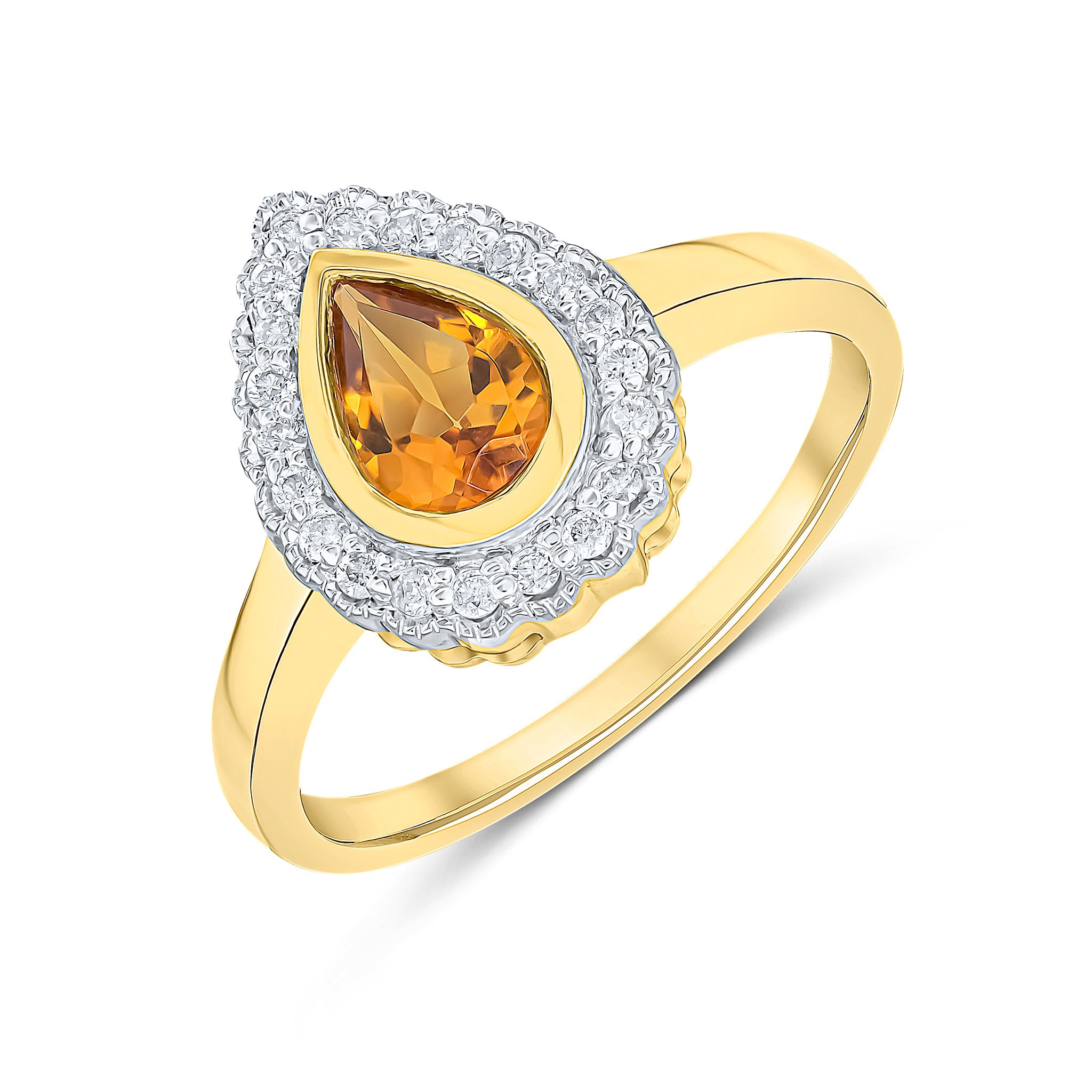 9ct Yellow Gold Pear Shape Rubover Citrine and Milgrain Round Diamond Cluster Ring Rhodium to Diamonds