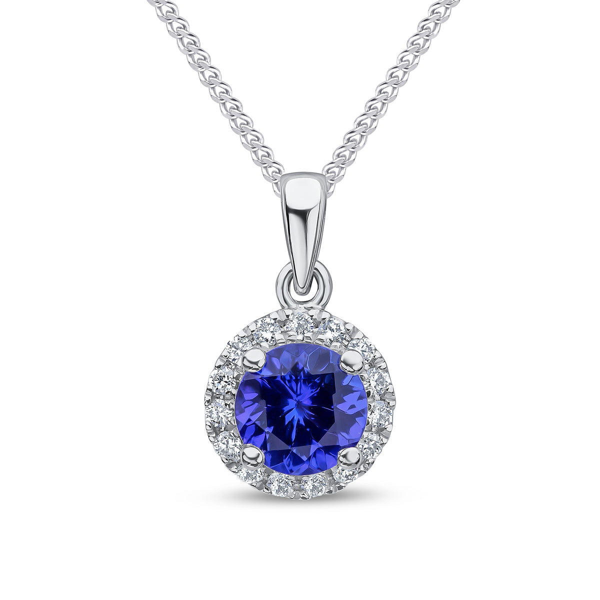 18ct White Gold 5mm Round Tanzanite and Diamond Cluster Pendant