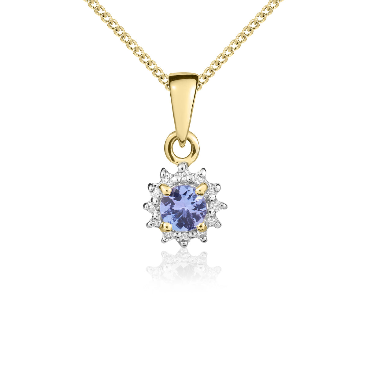 9ct Yellow Gold Round 4mm Tanzanite & Diamond Cluster Claw Pendant