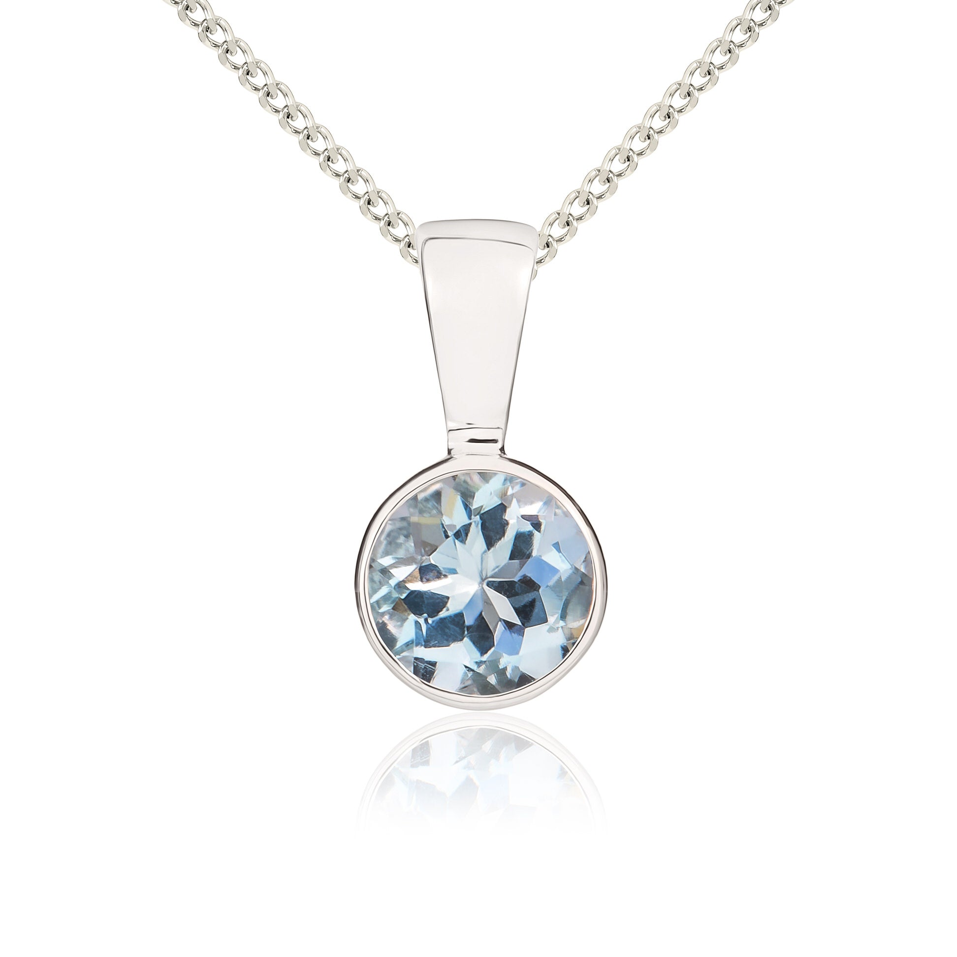 9ct white gold 5mm Round aquamarine rubover pendant