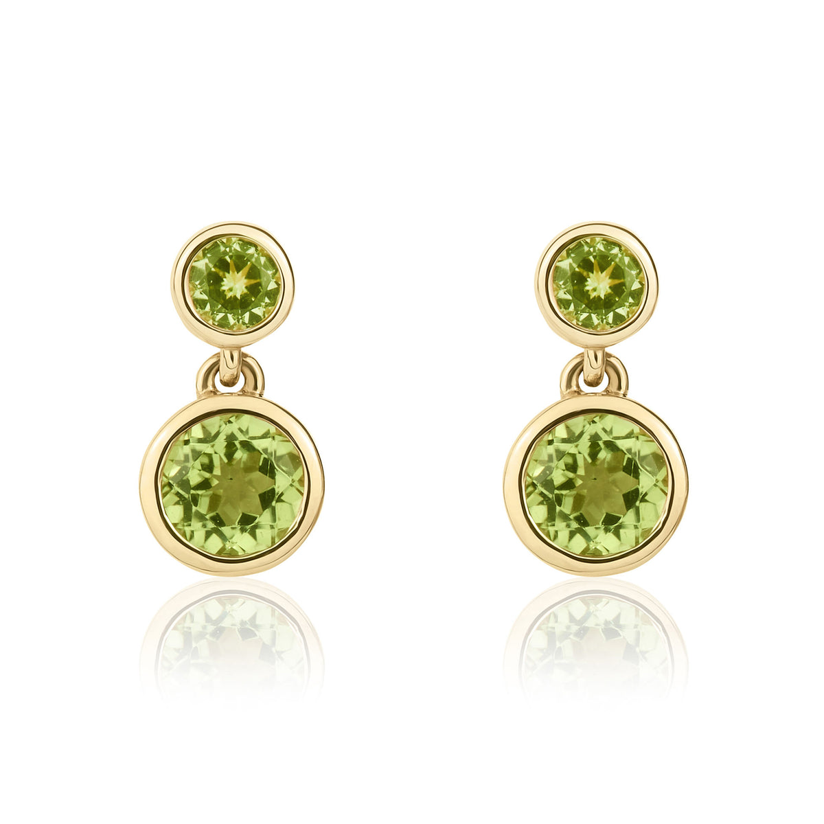 9ct Yellow Gold Round Peridot Rubover 2 Stone Drop Earrings