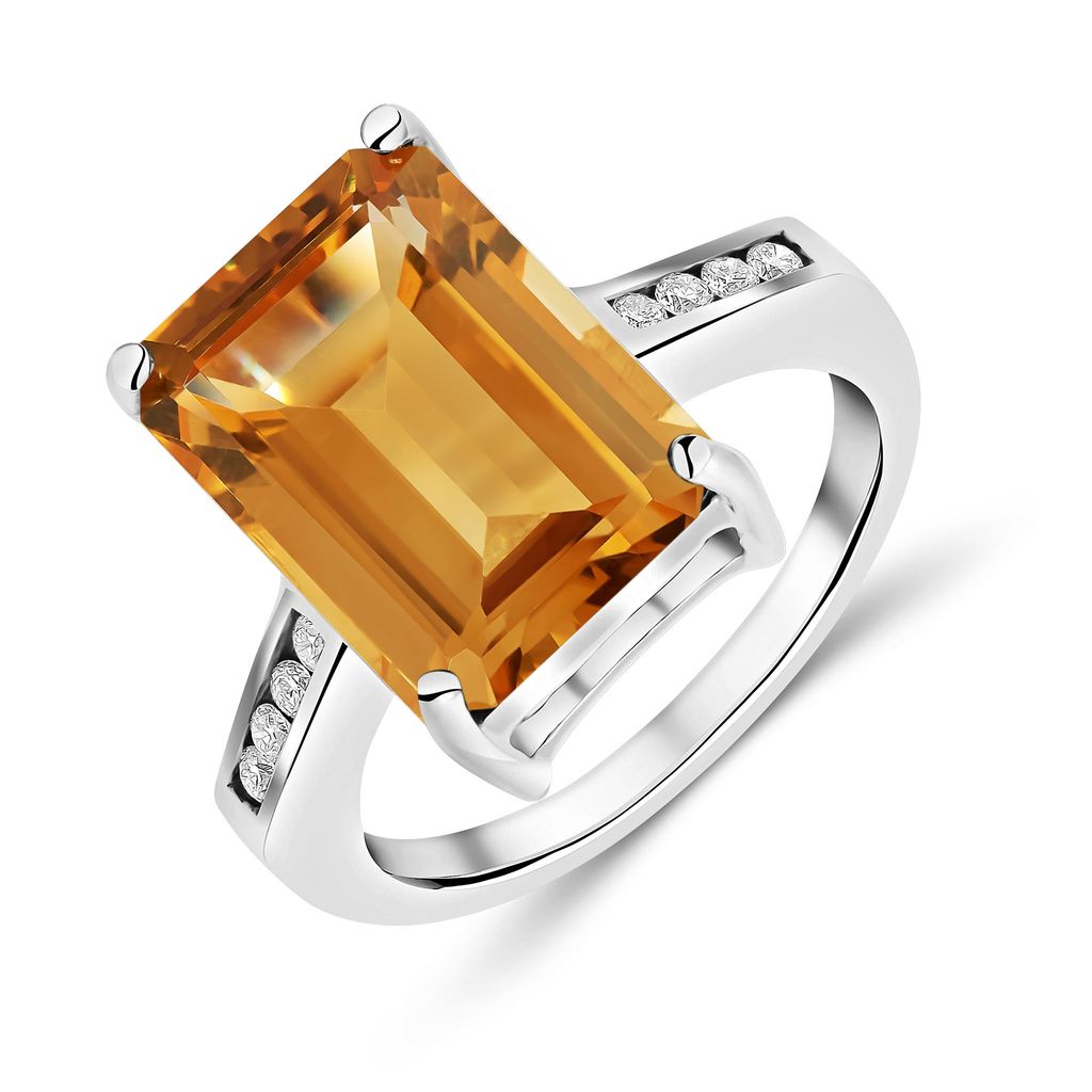 9ct White Gold Claw Set 14x10 Octagon Citrine Single Stone Ring with Round Diamond Channel Set Shoulders