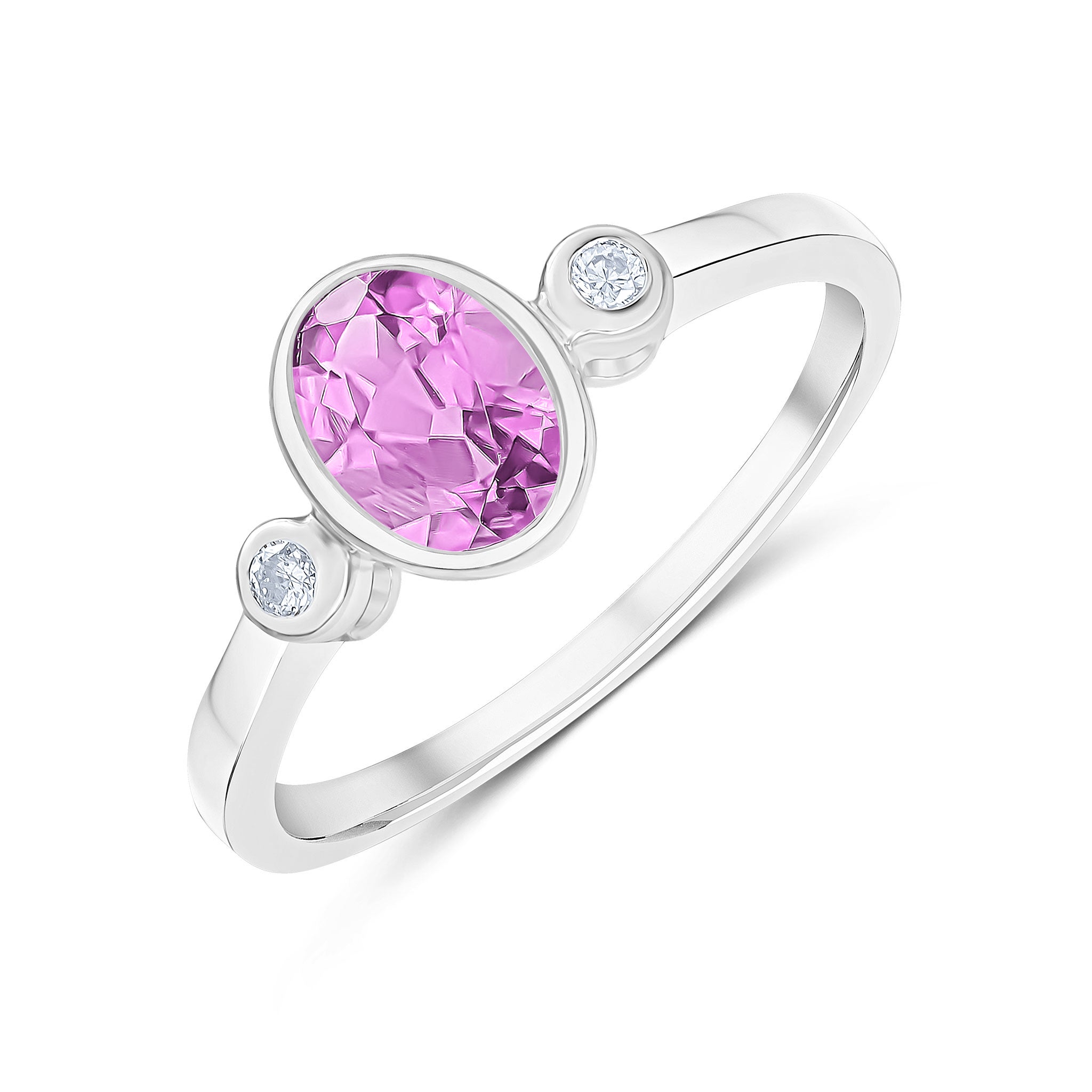 9ct White Gold 7x5 Oval Pink Sapphire and Round Diamond 3 Stone Rubover Ring Stone Shortage So Can't Order