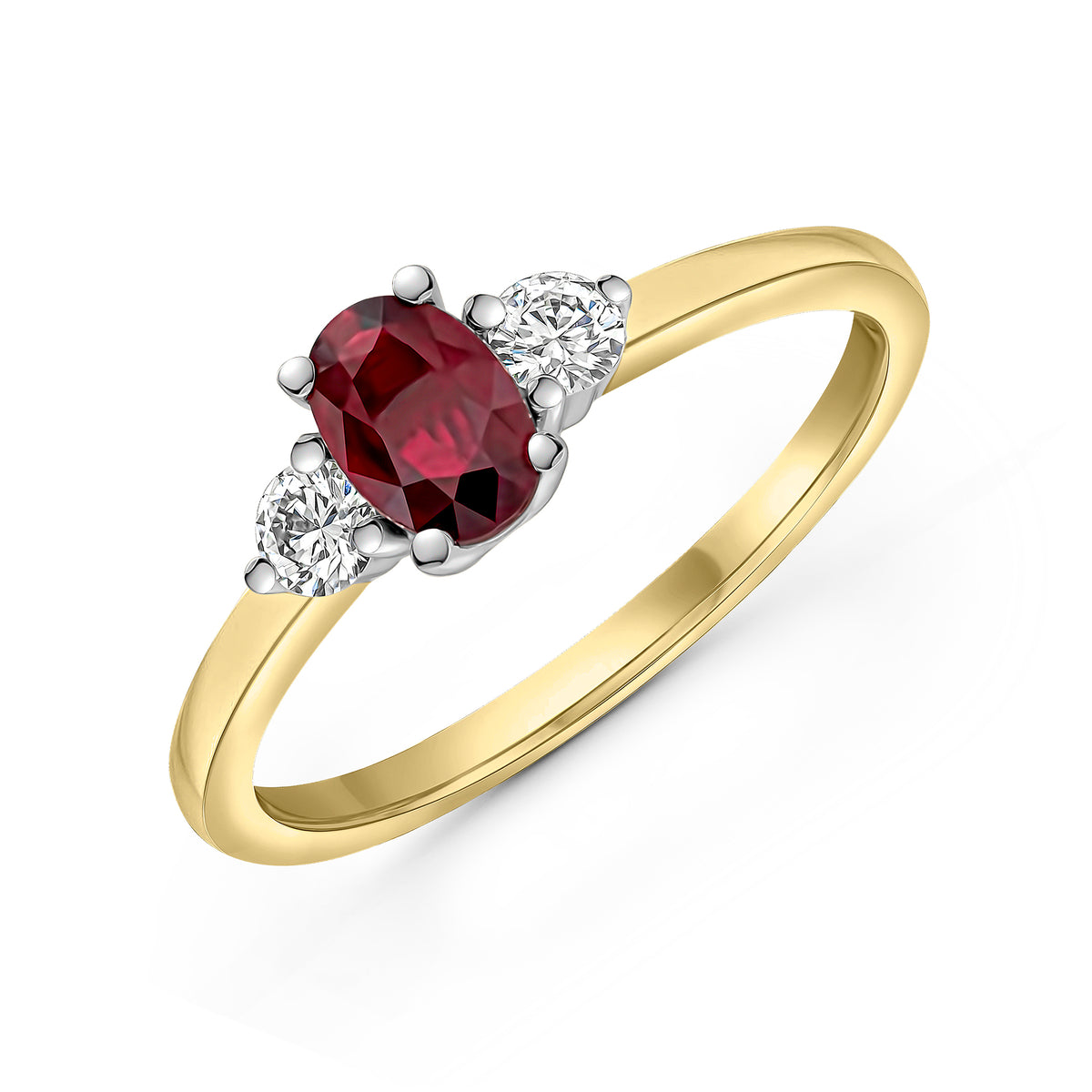 18ct Ywg 6x4 Oval Ruby and Round Diamond Claw Set 3 Stone Ring