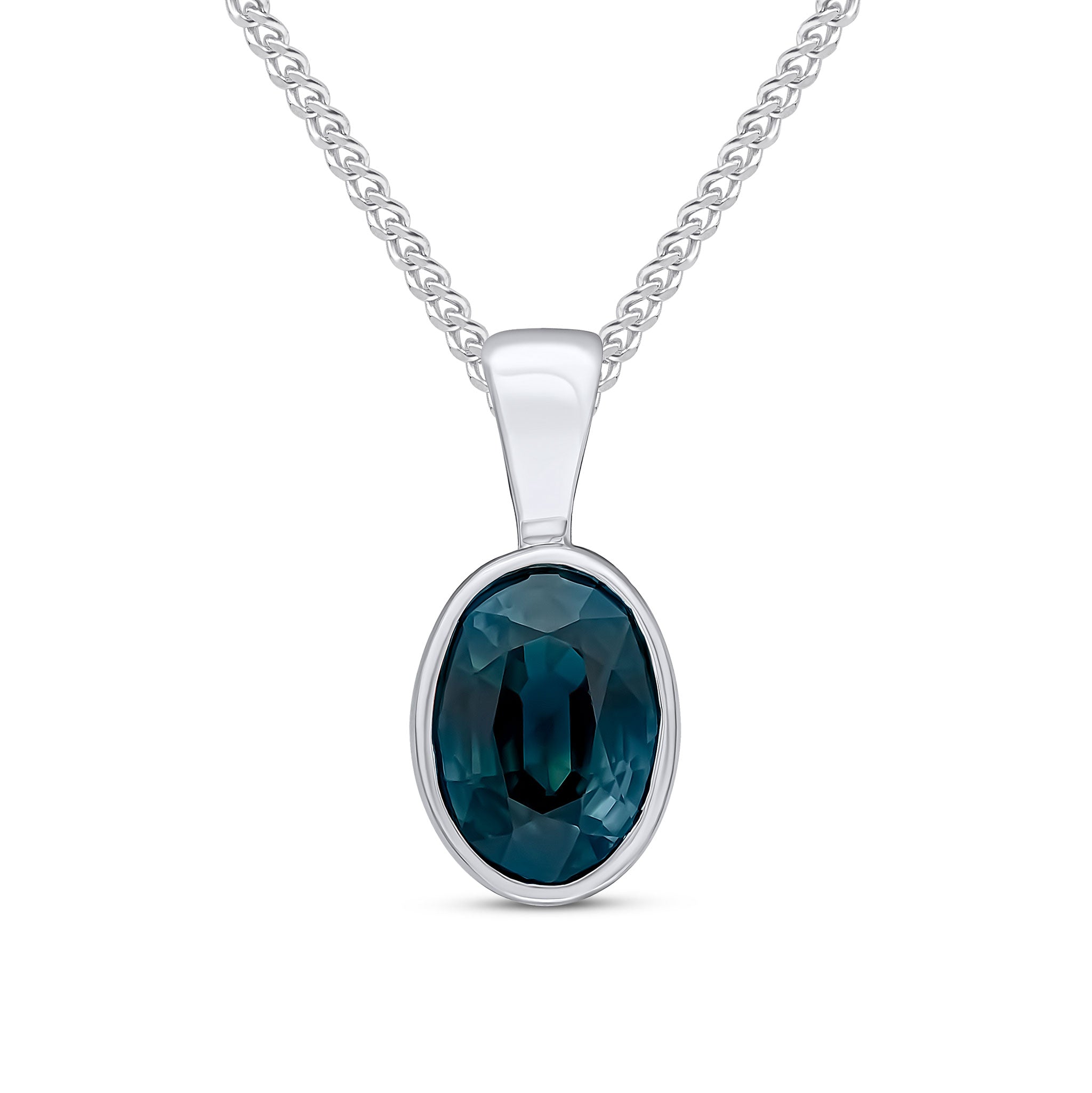 9ct White Gold 7x5mm Oval Sapphire Rubover Pendant