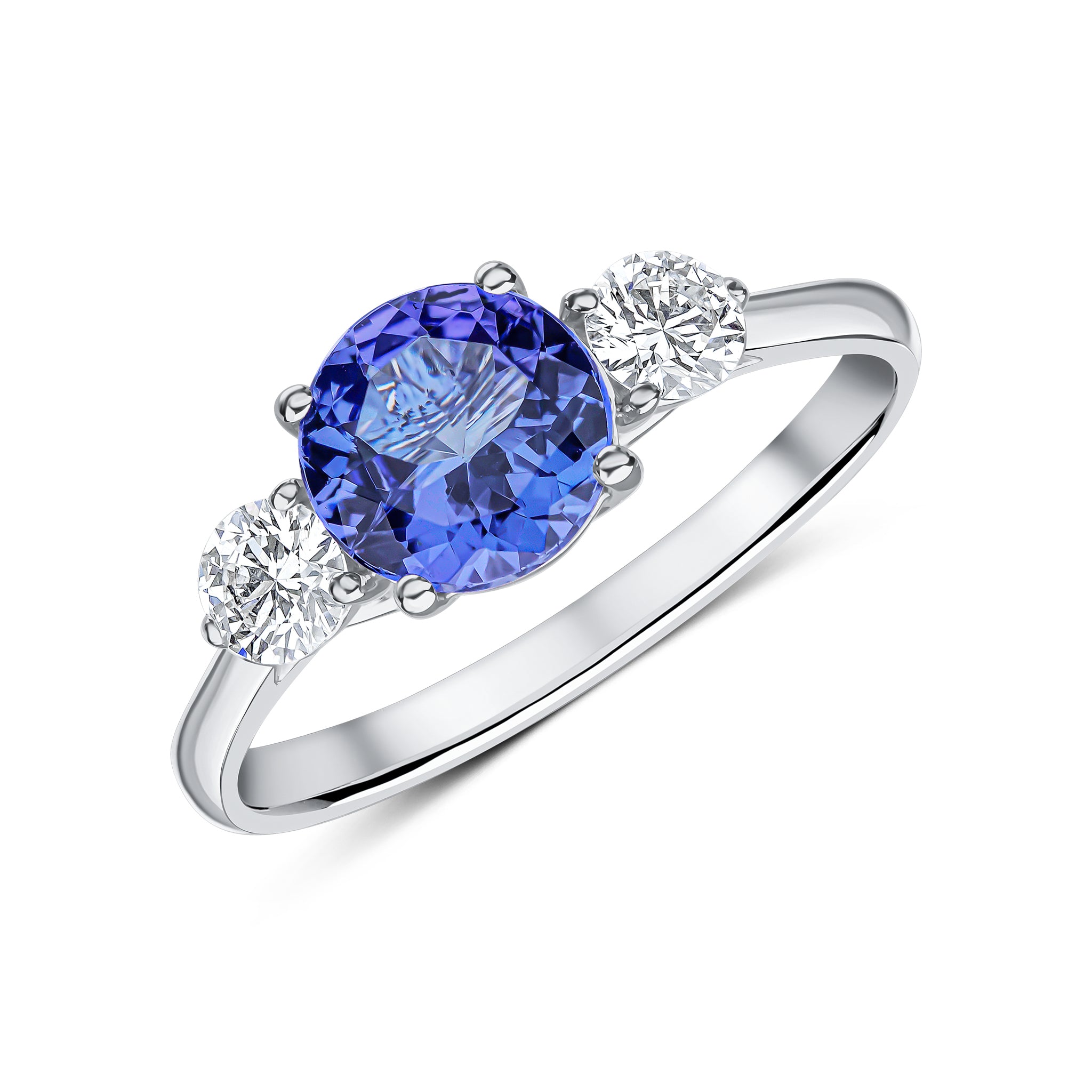18ct White Gold 7mm Round Tanzanite and Diamond Claw Set 3 Stone Ring