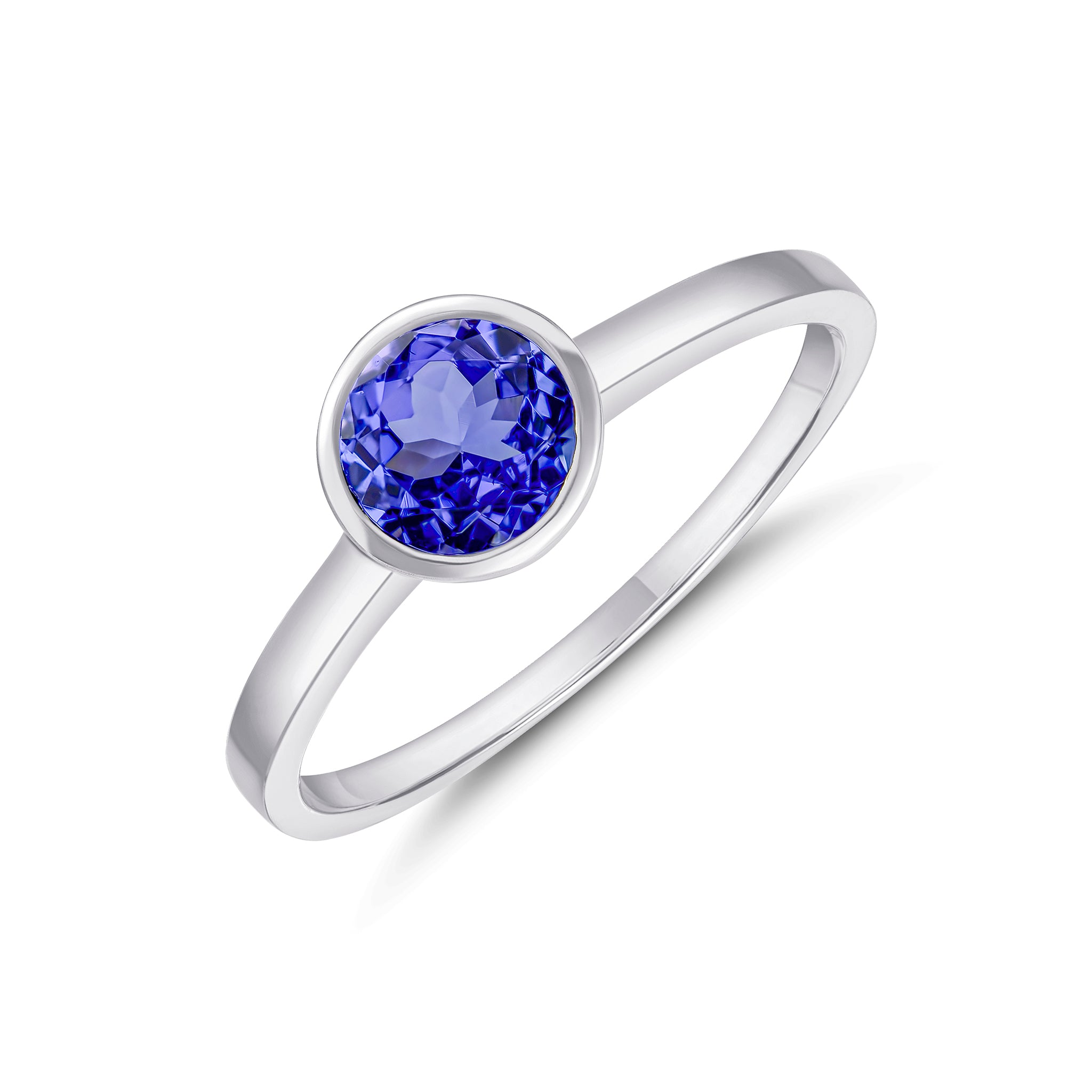 9ct White Gold 6mm Round Tanzanite Rubover Single Stone Ring