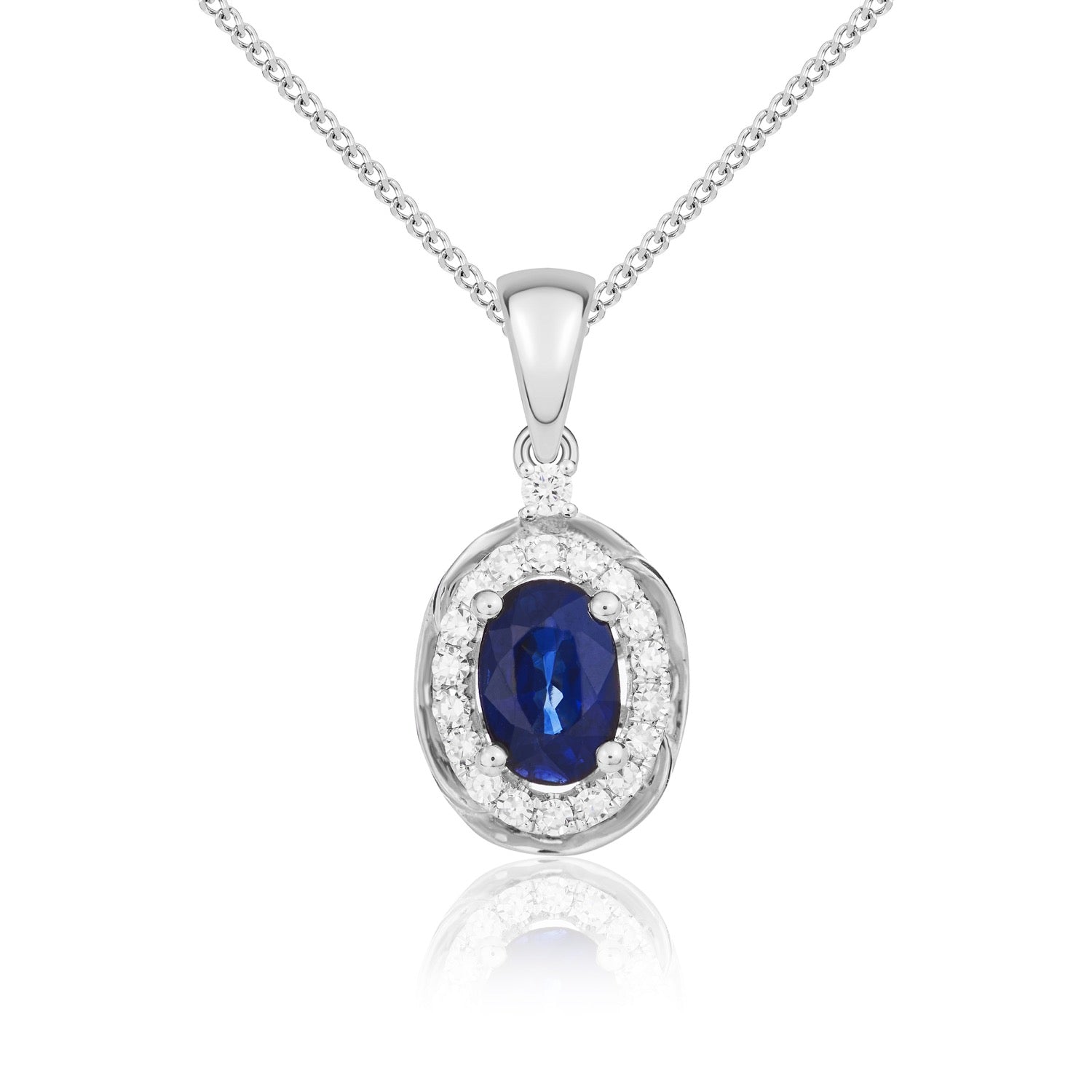 9ct White Gold 6x4 Oval Sapphire & Diamond Cluster Pendant with Rope Edge