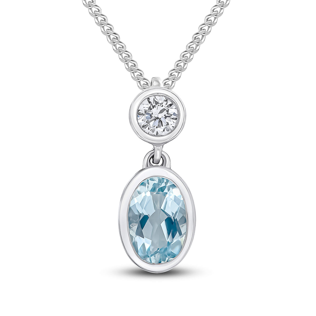 18ct White Gold Oval Aquamarine & Round Diamond 2 Stone Rubover Slider Pendant