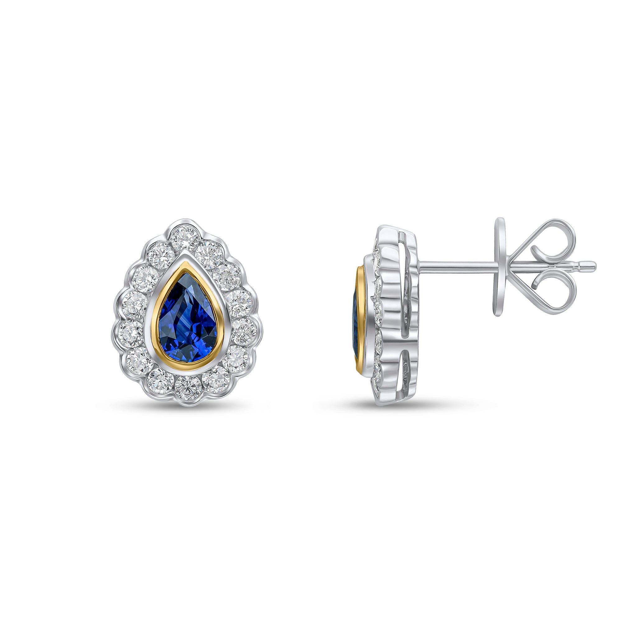 18ct Ywg Pear Shape Sapphire and Round Diamond Rubover Cluster Earrings