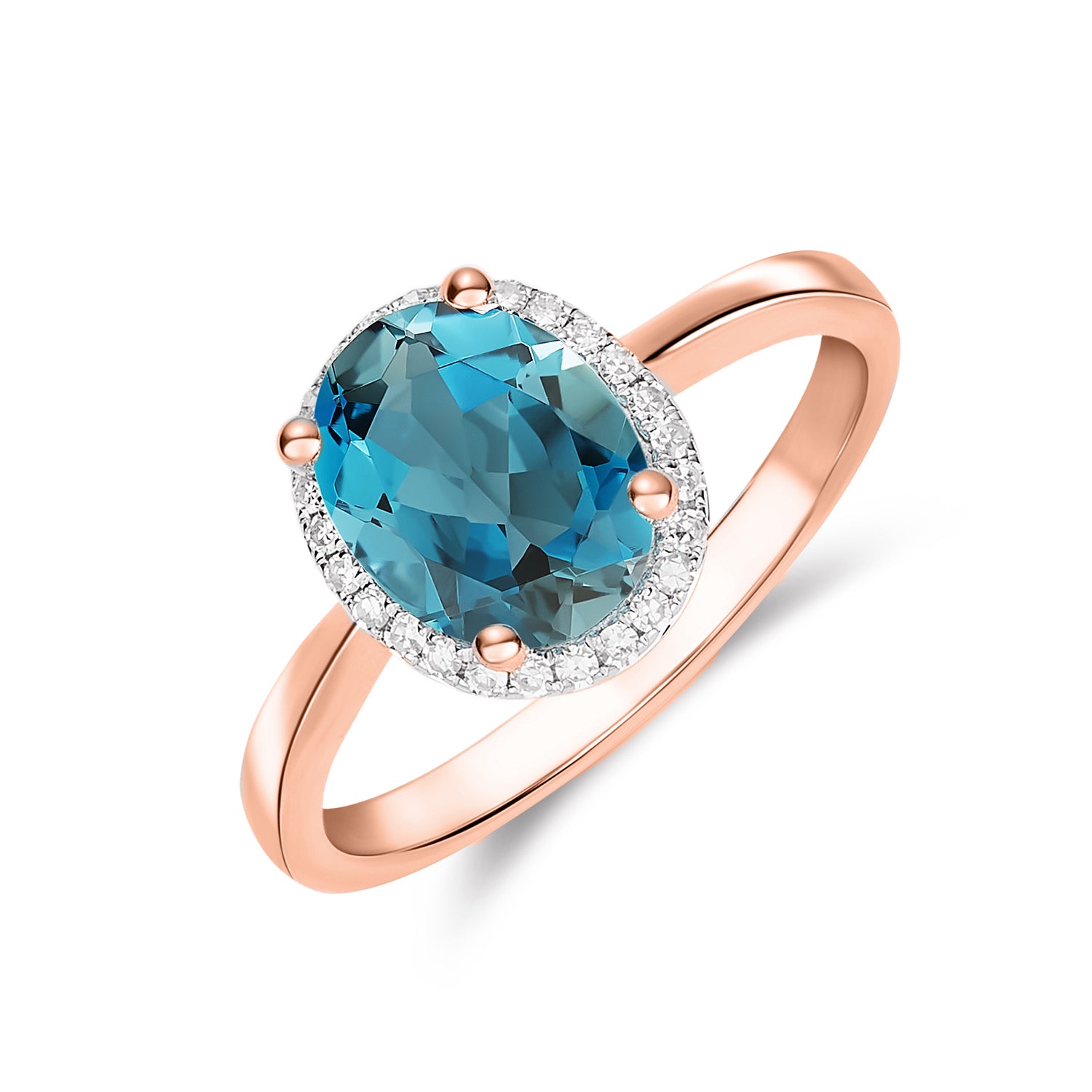9ct Rose Gold 9x7 Oval London Blue Topaz & Diamond Claw Set Cluster Ring Rhodium to Diamonds