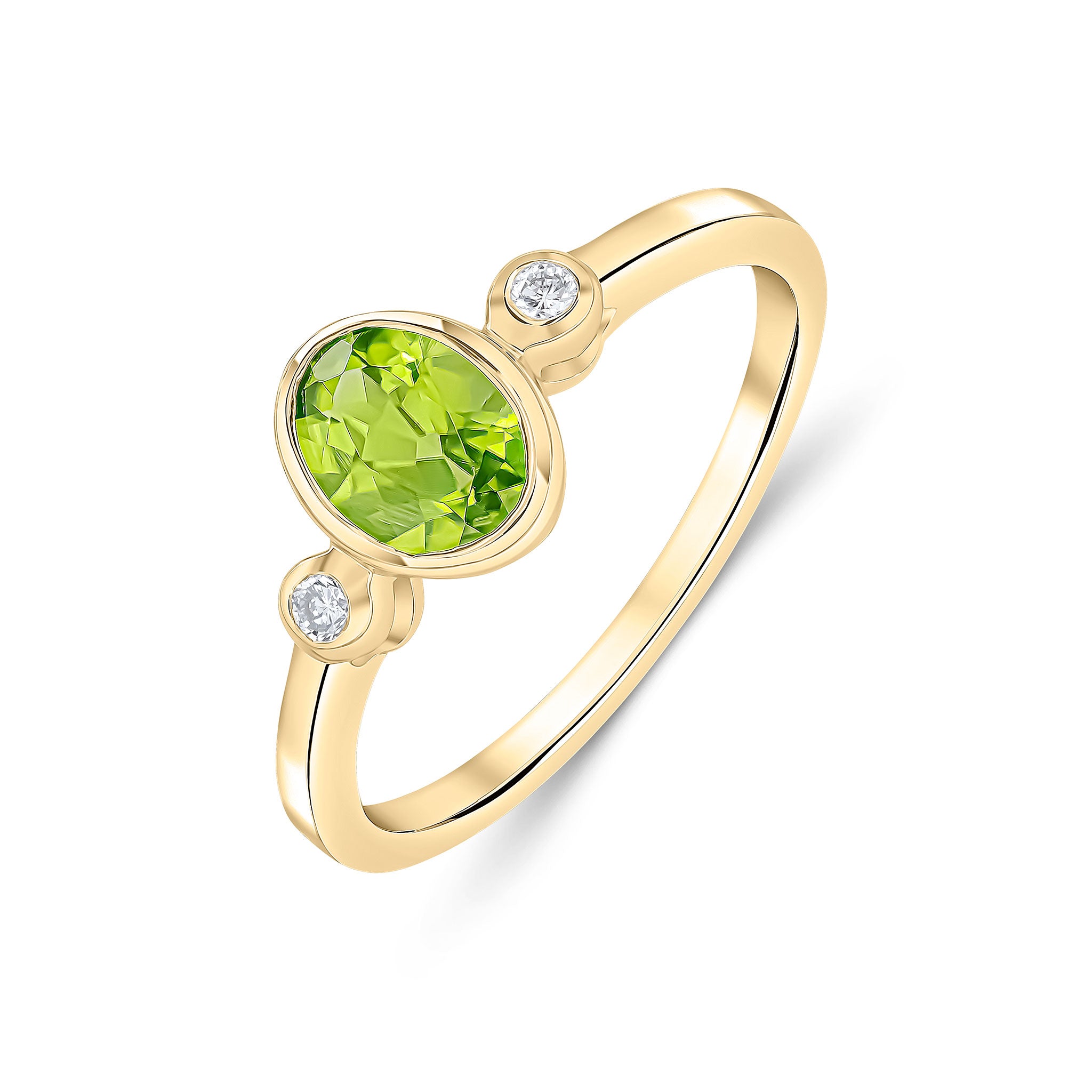 9ct Yellow Gold 7x5 Oval Peridot & Round Diamond Rubover 3 Stone Ring Rhodium to Diamonds