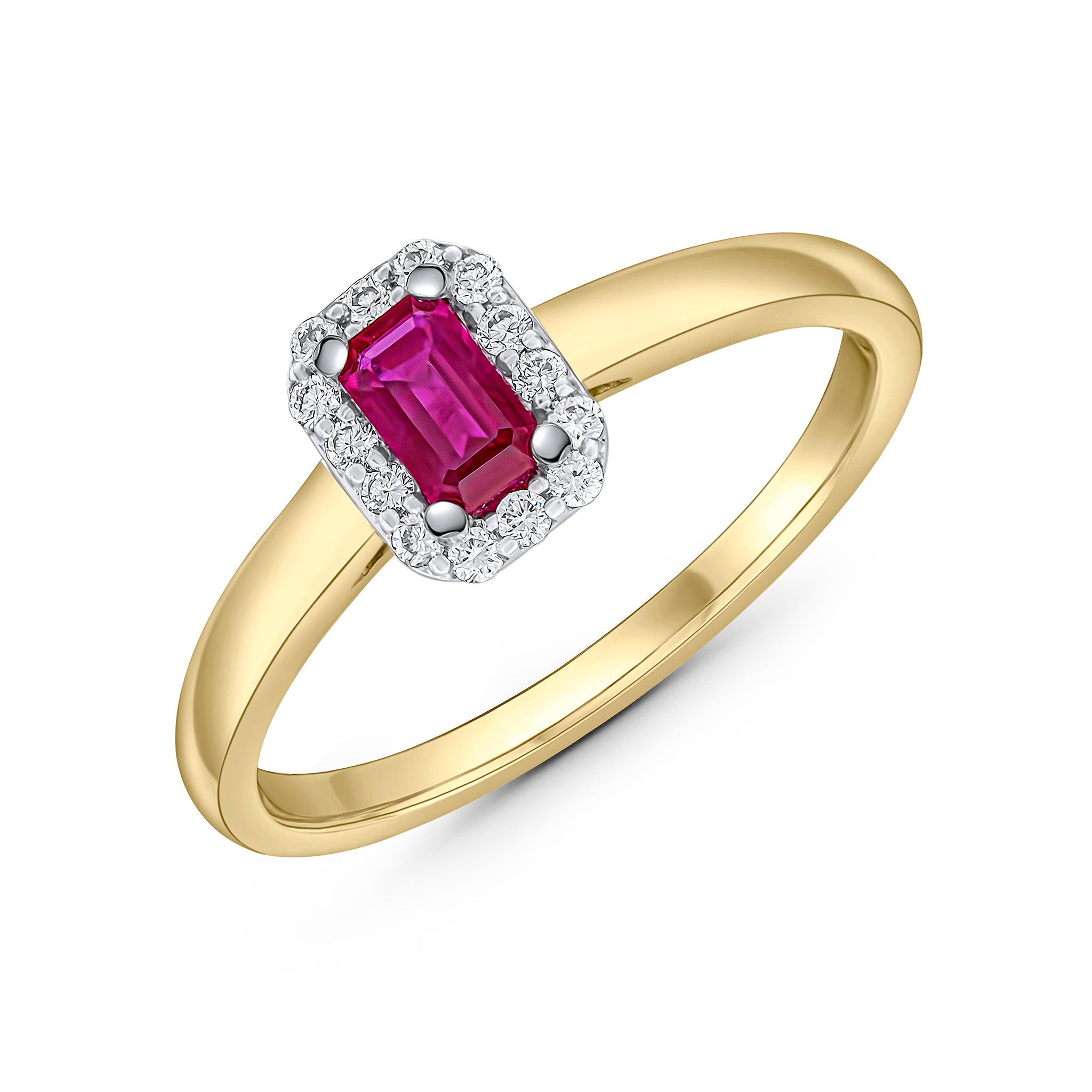 18ct Ywg 5x3 Octagon Ruby and Diamond Claw Cluster Ring