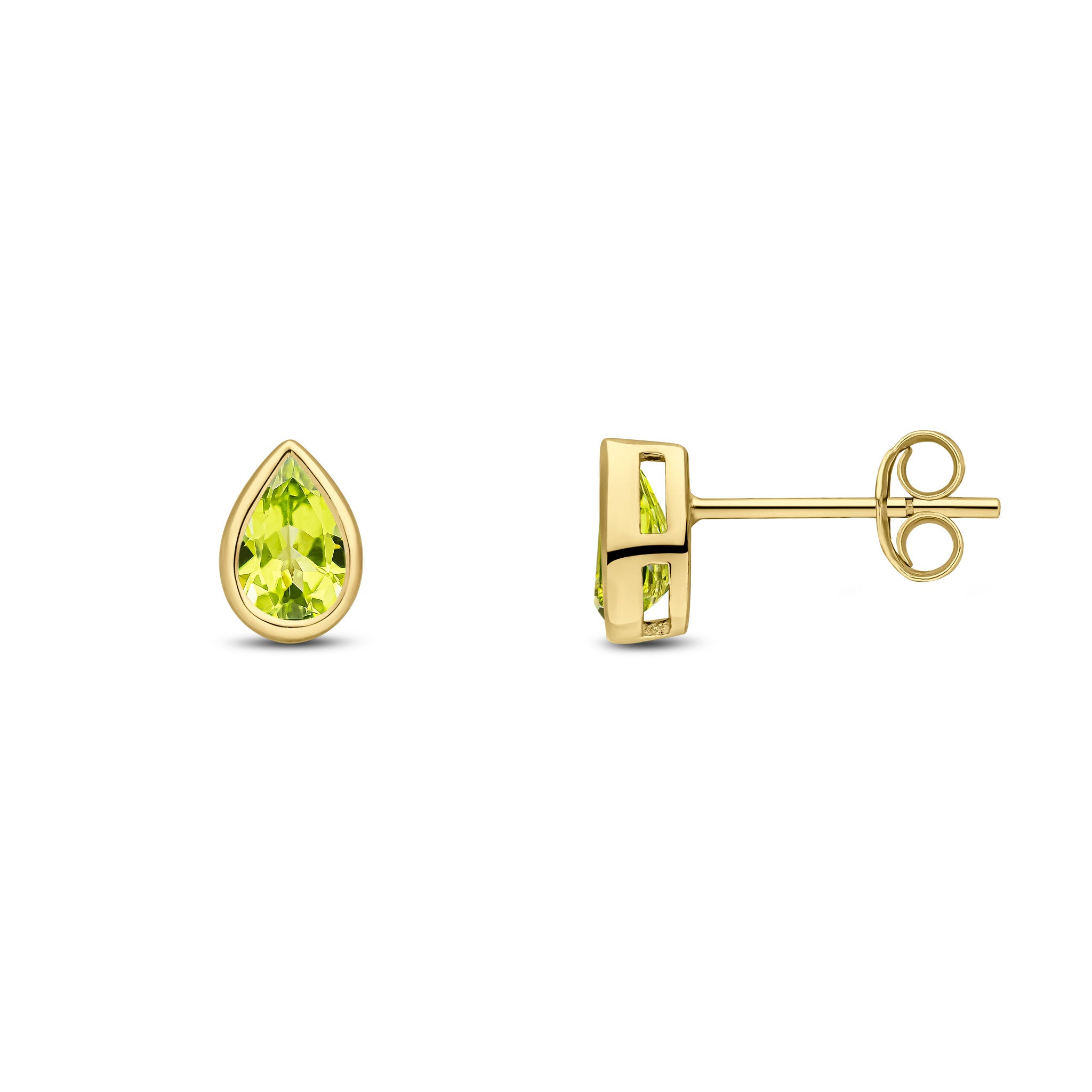 9ct Yellow Gold 6x4 Pear Shape Peridot Rubover Set Earrings