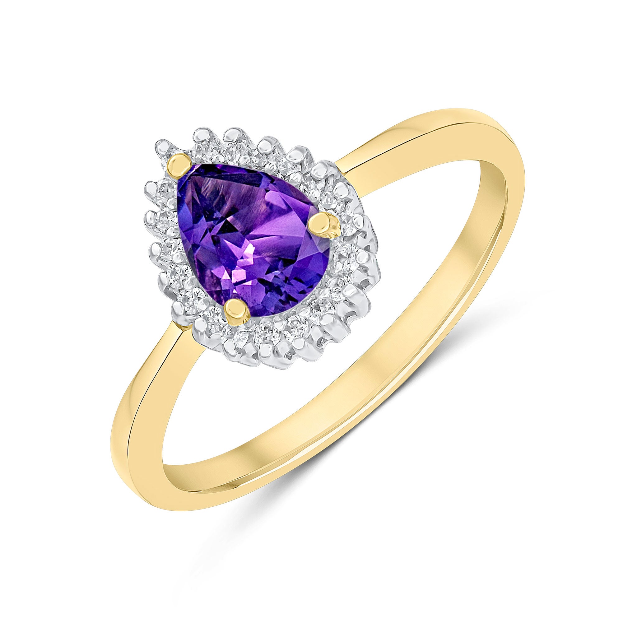 9ct Yellow Gold 7x5mm Pear Shape Amethyst & Diamond Claw Set Cluster Ring Rhodium to Diamonds
