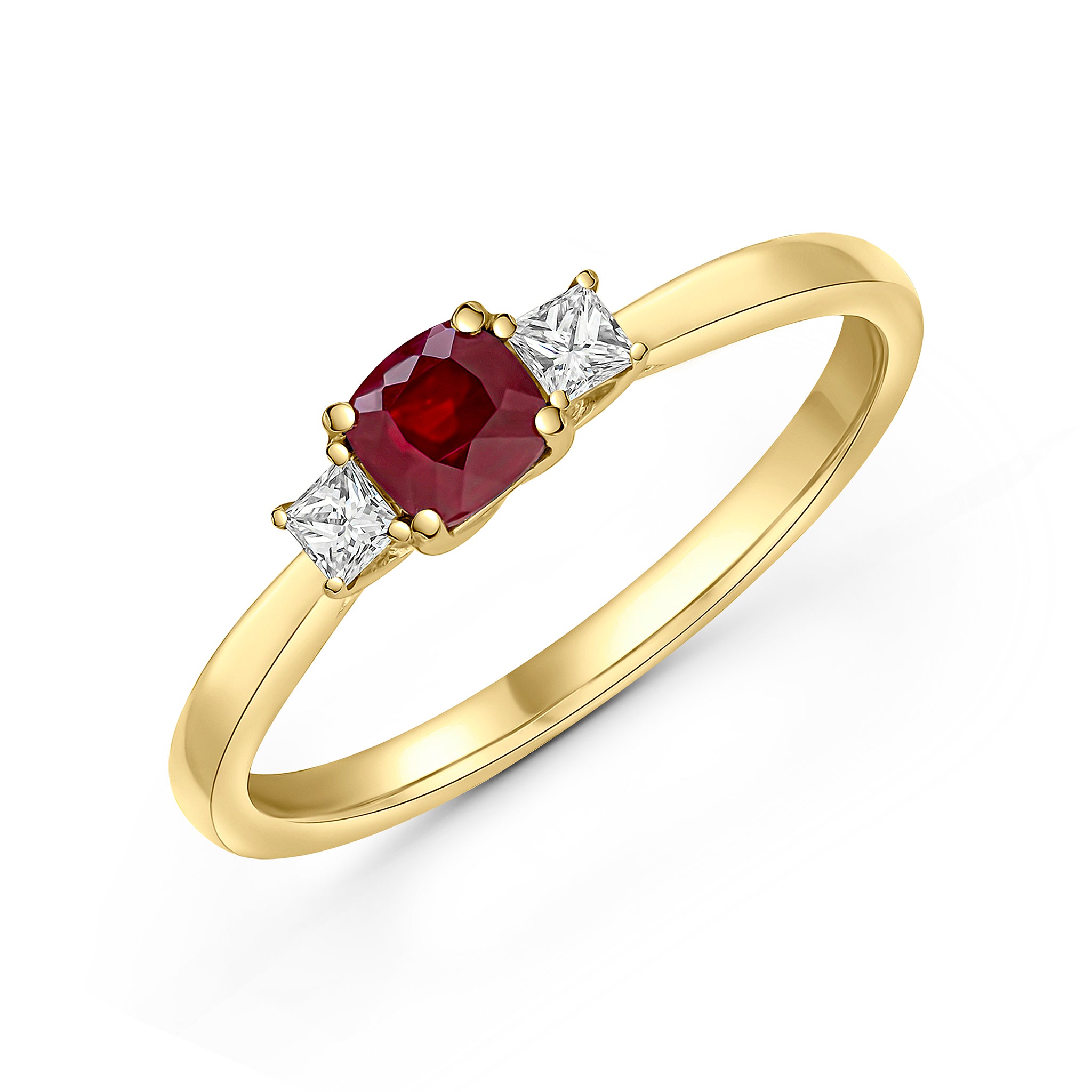 18ct Yellow Gold 4mm Cushion-Shape Ruby and Princess Cut Diamond Claw Set 3 Stone Ring