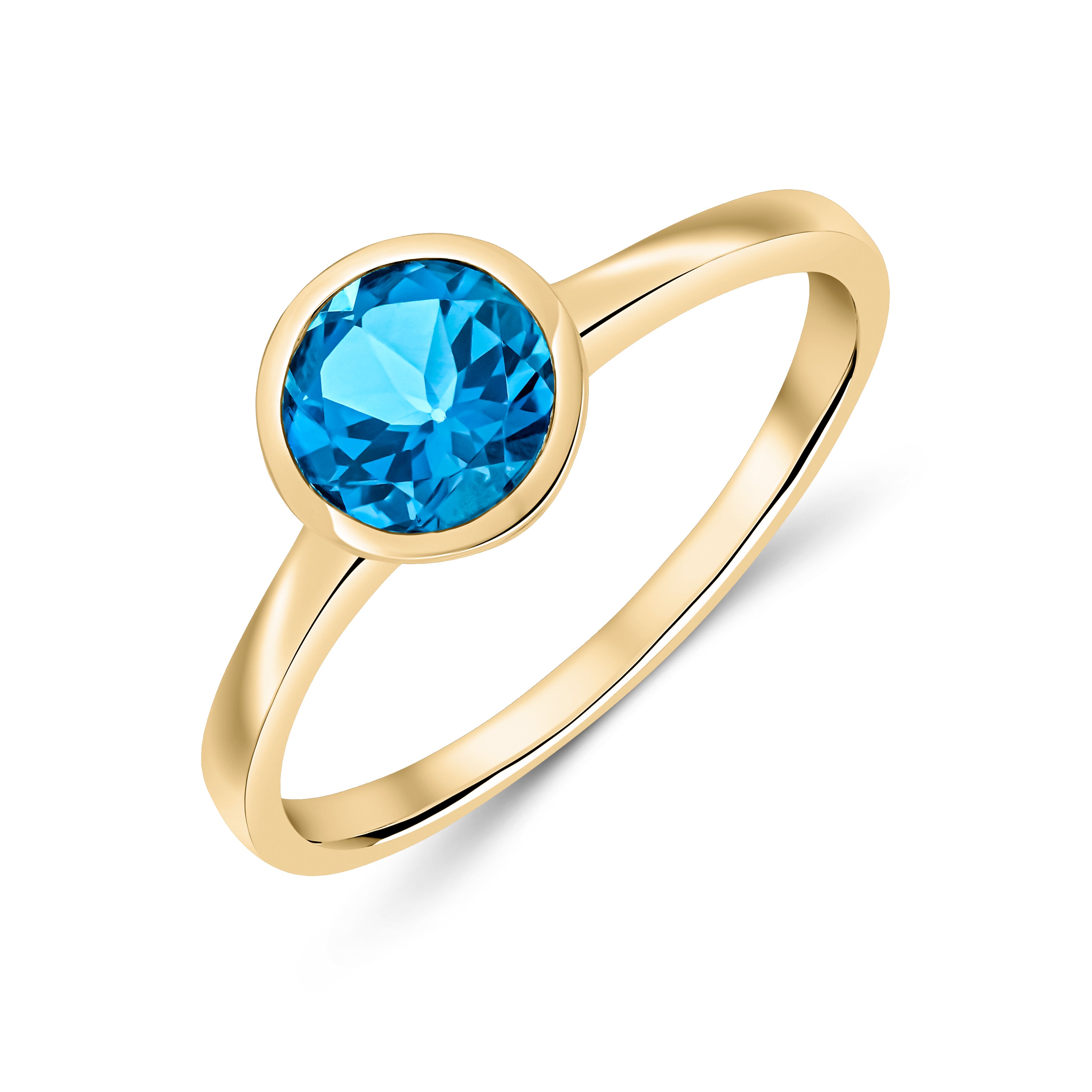 9ct Yellow Gold 6mm Round London Blue Topaz Rubover Single Stone Ring