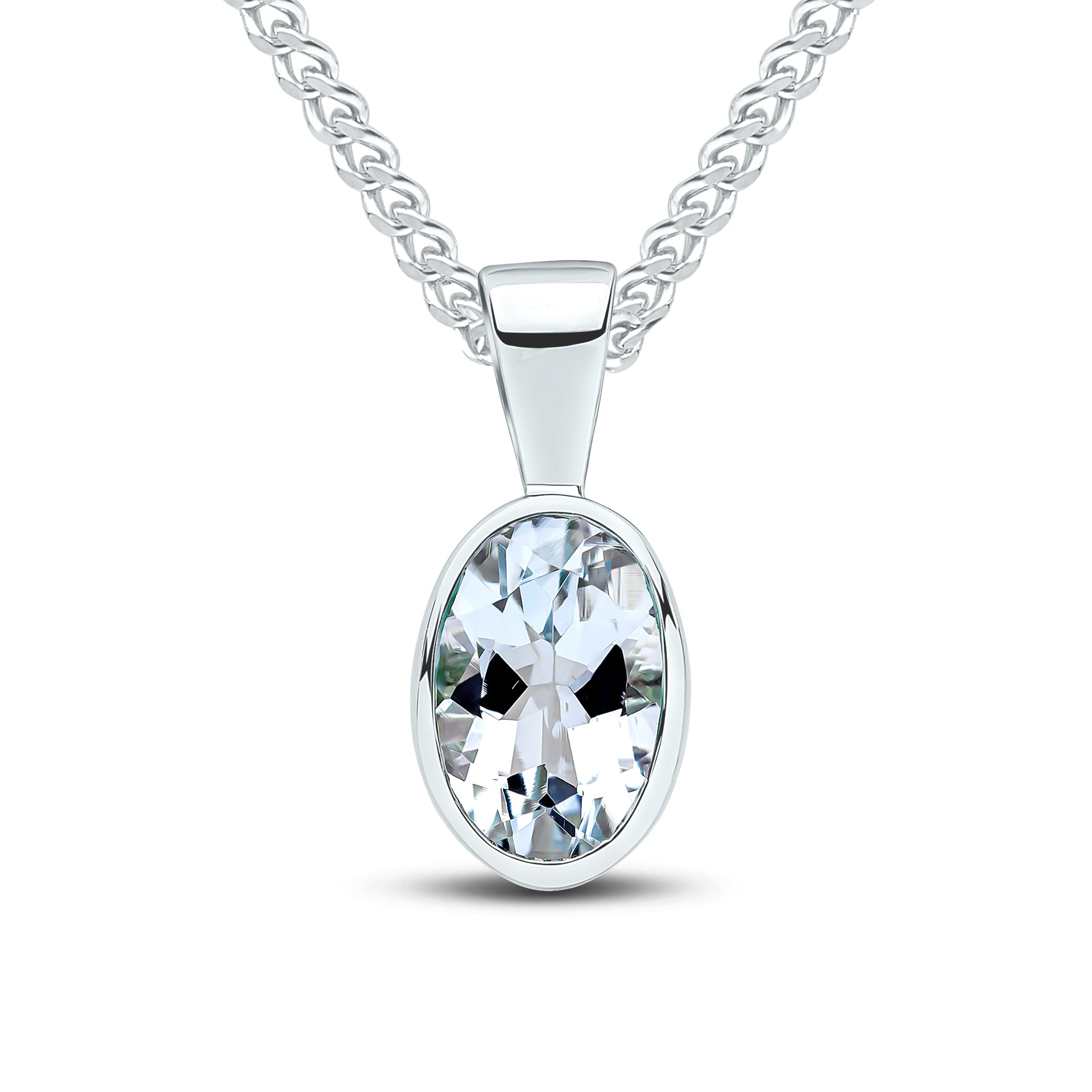 9ct White Gold 7x5 Oval Aquamarine Rubover Pendant