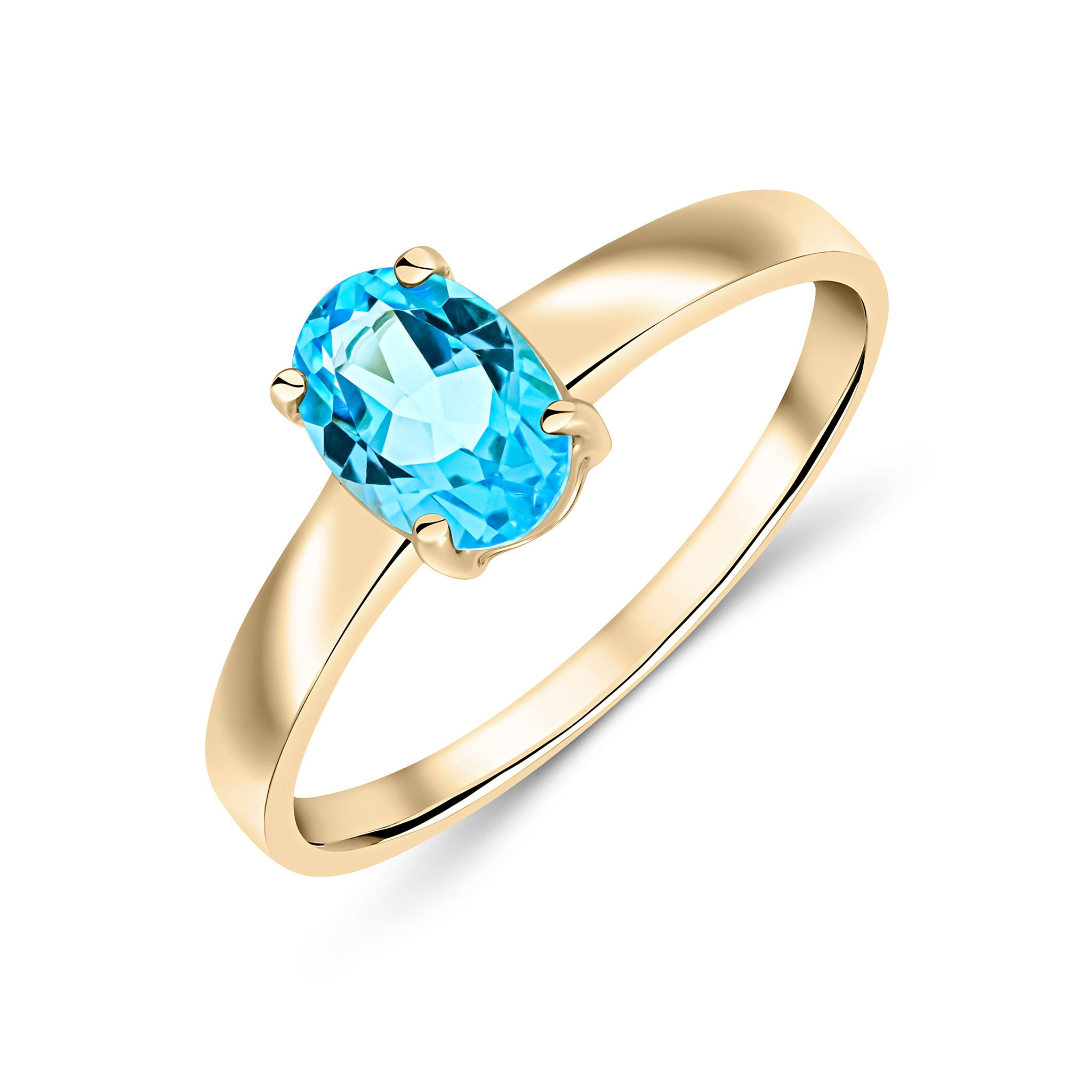 9CT YG 7X5 OVAL SWISS BLUE TOPAZ CLAW SET SINGLE STONE RING 1