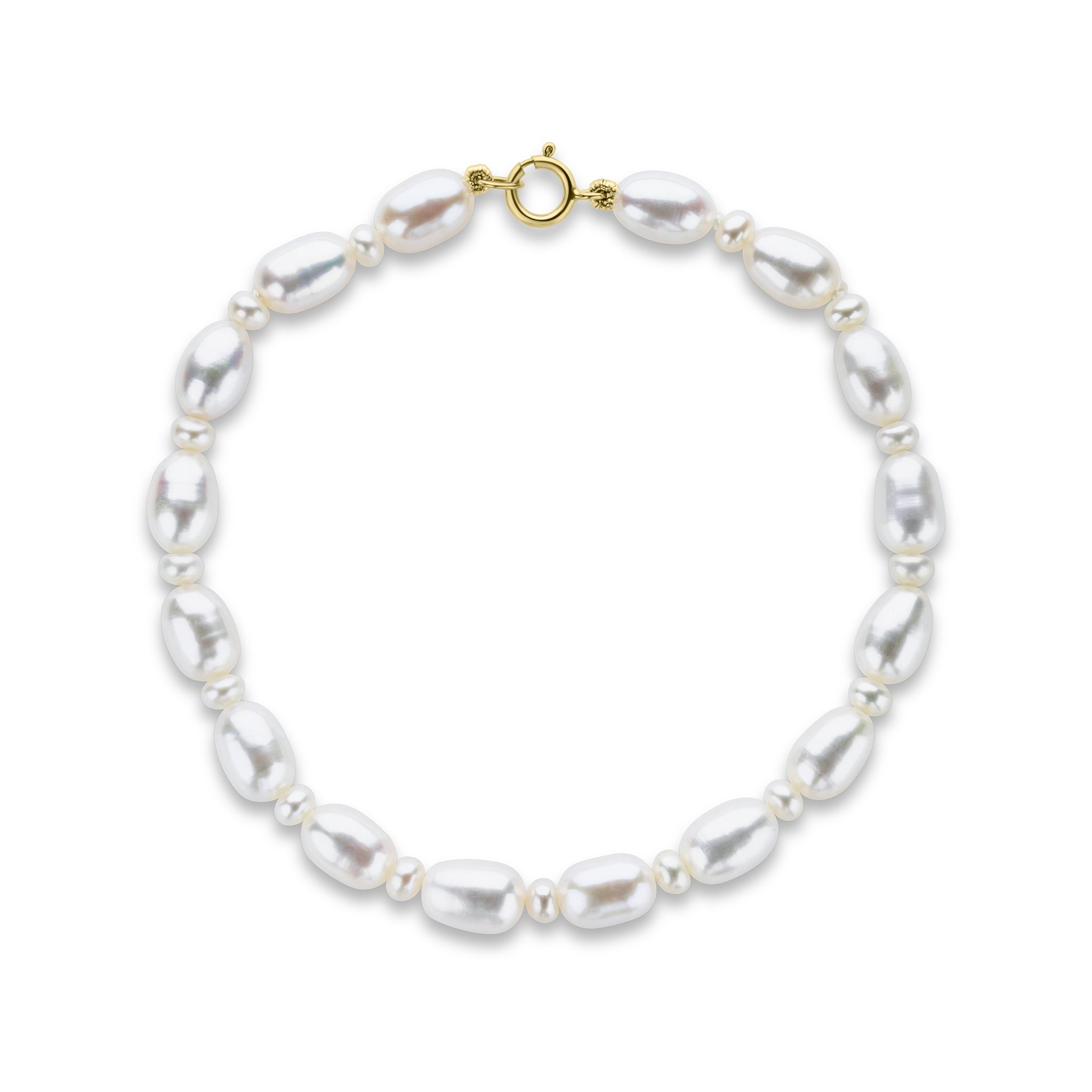 Genunine 9ct Yellow Gold White Rice Pearl Button Design Bracelet 7"