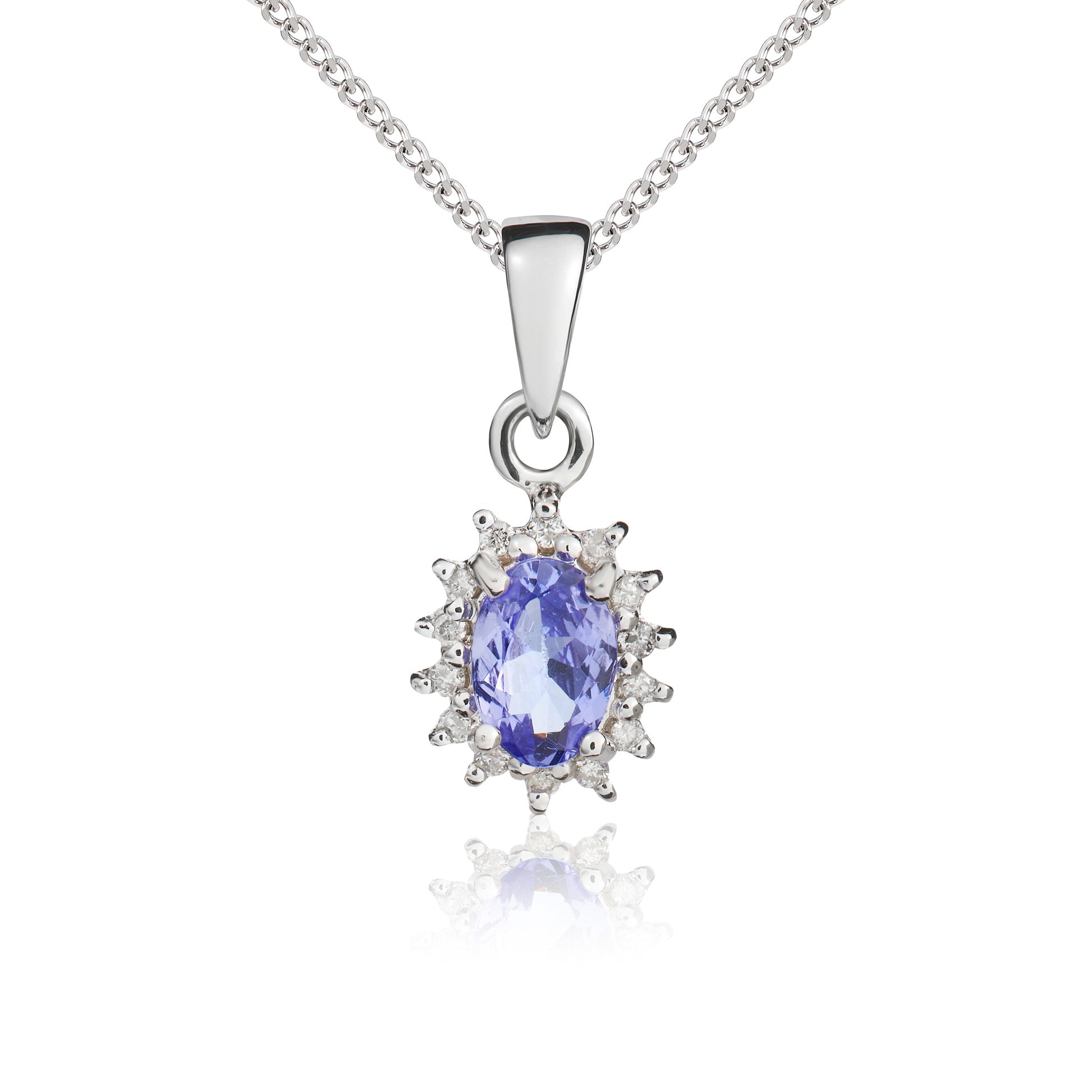 9ct White Gold Oval 6x4 Tanzanite & Diamond Cluster Claw Pendant